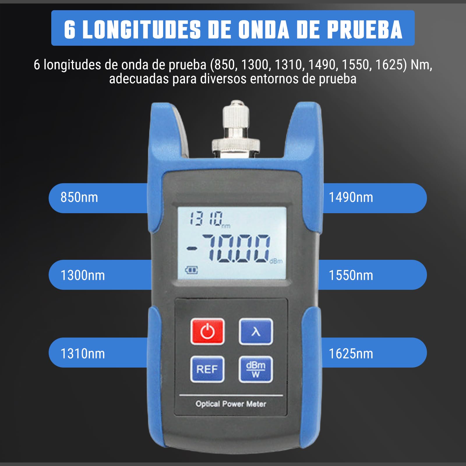 Medidor de Potencia de Fibra óptica, -70~10dbm Portátil Medidor de Potencia óptica Optical Power Meter, Probador de Fibra ópticas con 850-1625nm 6 Longitudes de Onda de Calibración Para FC/PC SC/PC