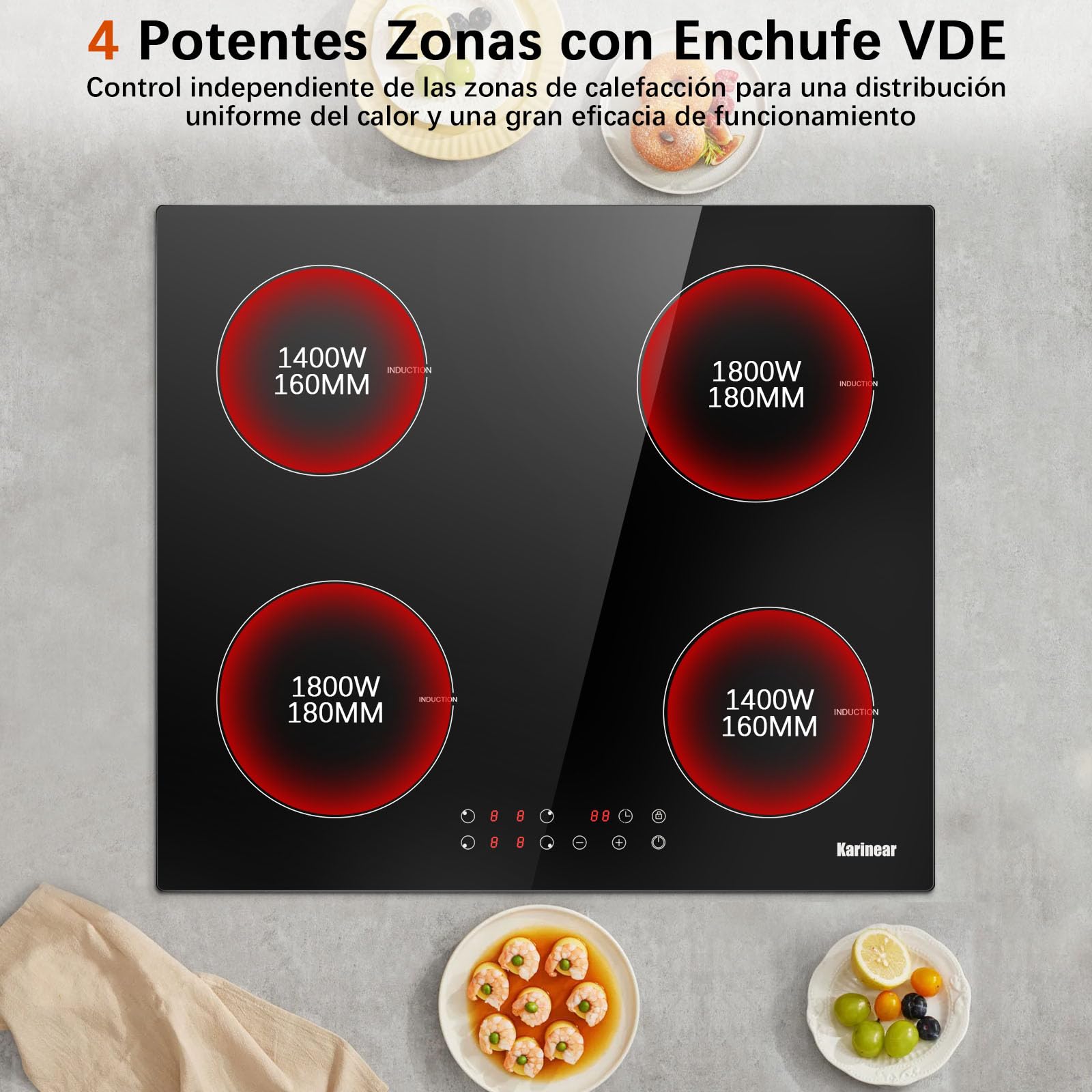 Karinear Piano Cottura a Induzione Elettrico, 60cm Piastra con 4 fuochi, Piani Cottura a Spina 3500W con 9 Power Comandi Toccare, Blocco di Sicurezza per Bambini, Timer Lock, Vetro, Nero