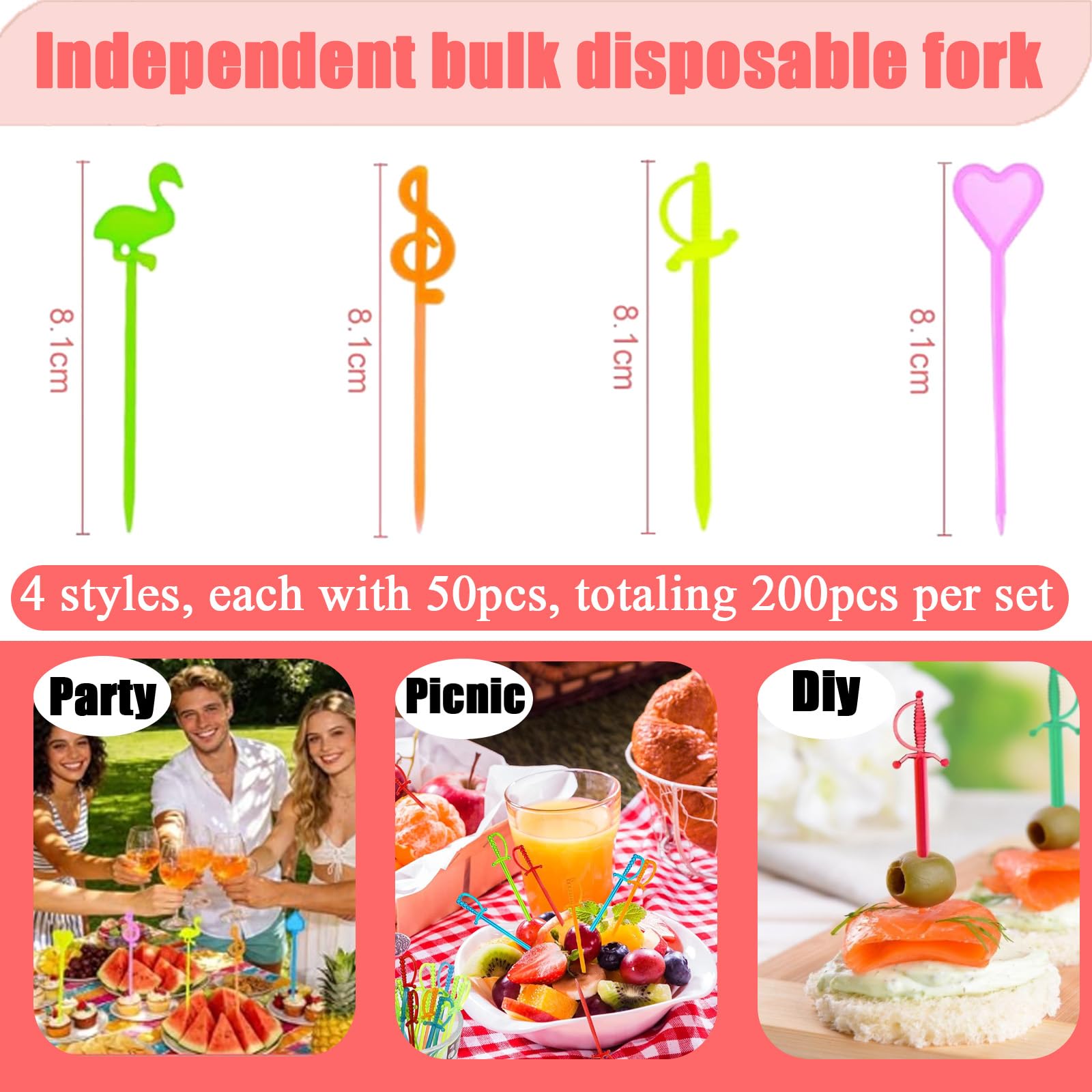 200 Brochettes à Fruits Réutilisables en Plastique sans BPA, Fourchettes Mini Enfant avec Motifs Cœur Note Musicale Flamant Épée, Piques Apéritifs Cocktail pour Soirée Barbecue Réunion Familiale