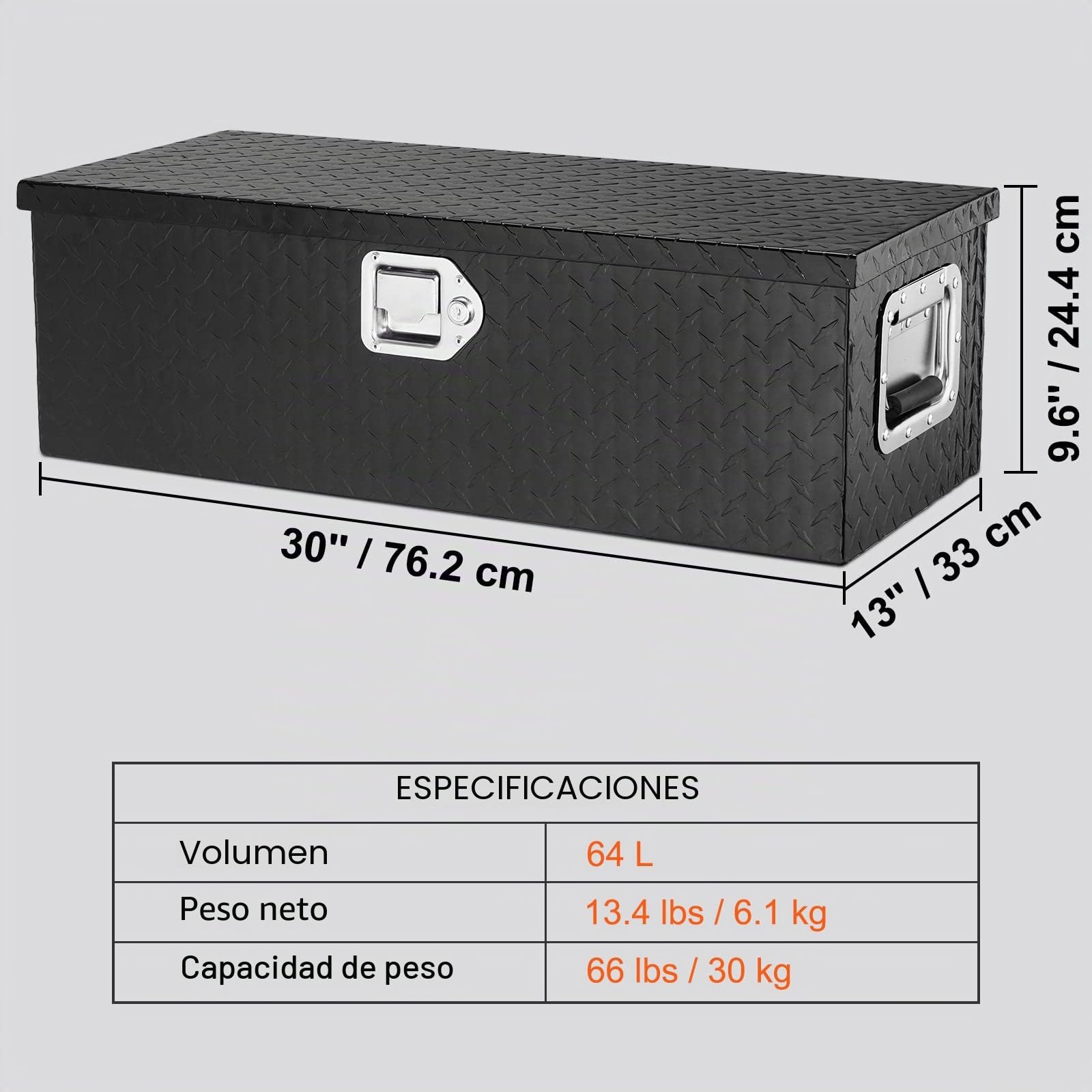 VEVOR Caja de herramientas de aluminio para camión, 76,2 x 33 x 24,4 cm caja volcadora con cerradura con llaves y asas laterales para almacenamiento de contenedores de basura de coche, caravana, Negro