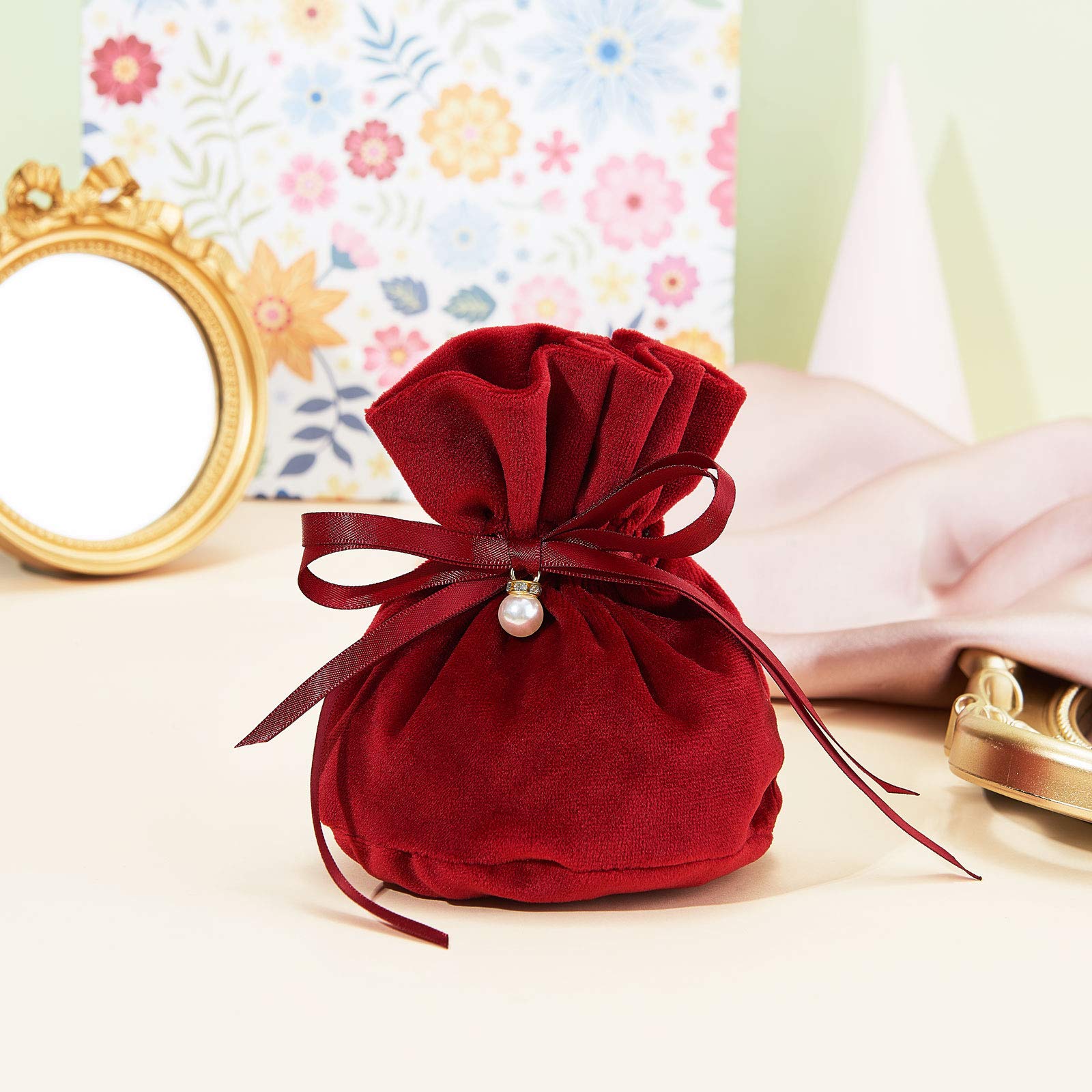 20 Sacchetti Di Velluto Con Coulisse – Rosso Vino 12,7x15,2 Cm, Porta Gioielli, Bomboniere, Regali