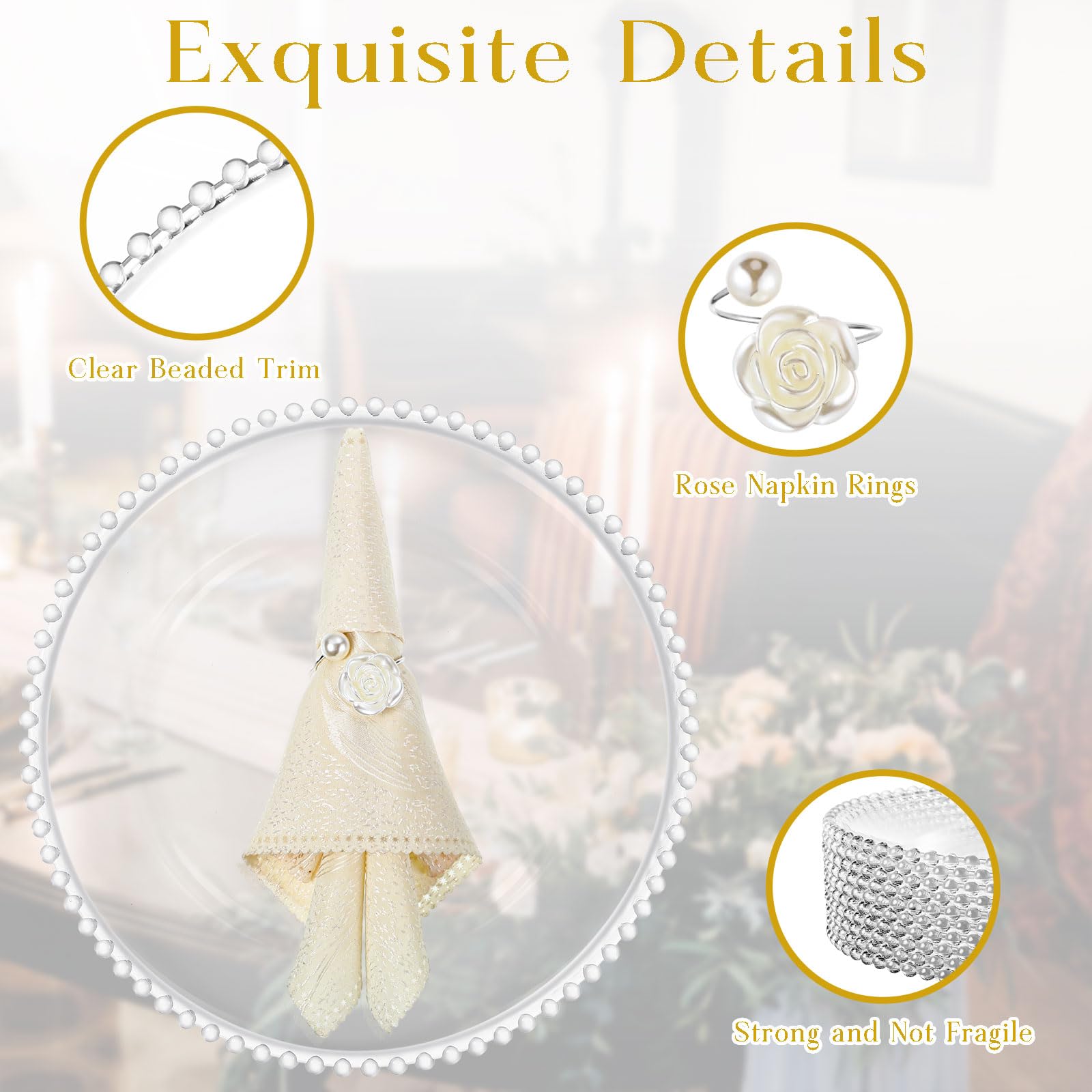Tioncy 12 transparente Platzteller mit Serviettenringen, 33 cm, Kunststoff, runde Platzteller mit Perlenrand, Esstischdekoration für Weihnachten, Urlaub, Party, Hochzeit, Tischdekoration (Rose, Silber