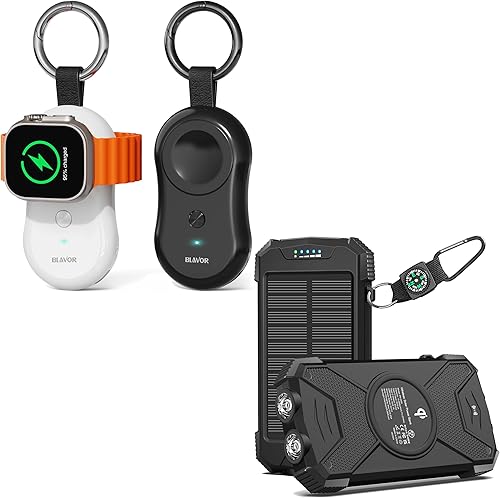BLAVOR 2 cargadores inalámbricos magnéticos para Apple Watch (negro y blanco) + 1 cargador solar BLAVOR de 10,000 mAh (negro)