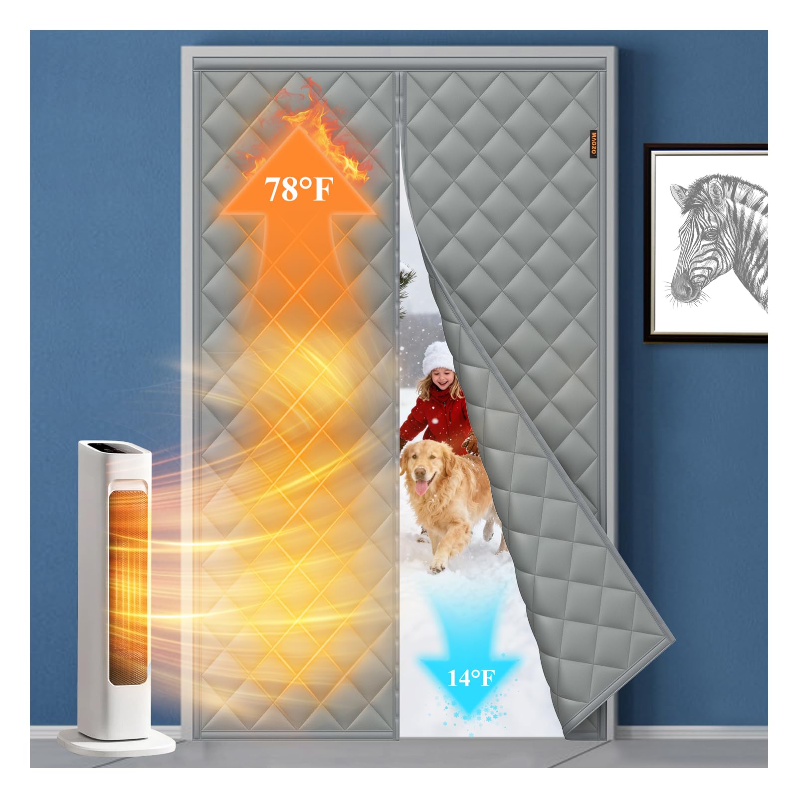 MAGZO Magnetic Thermal Insulated Door Curtain, 48" x 80", Upgraded Oxford Filled with Thicken Cotton, Weatherproofing Insulation Cover Blanket for Winter/Standard Entry Doors, Keep Cold Out, Grey