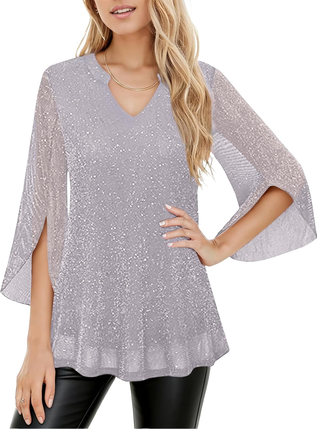 Womens 3/4 Sleeve Sparkly Tops, Dressy Casual Mesh Glitter Tunic Top Double Layered V Neck Loose Blouses