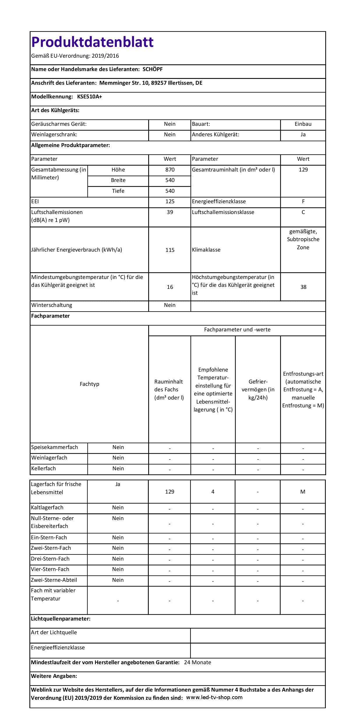 SCHOEPF – KSE510A+ Einbau-Kühlschrank 129 L – Leise 39 dB – Automatisches Abtauen – 88 x 54 x 54 cm – Wechselbarer Türanschlag – Vollraum-Kühlschrank mit Glasablagen und Gemüseschublade