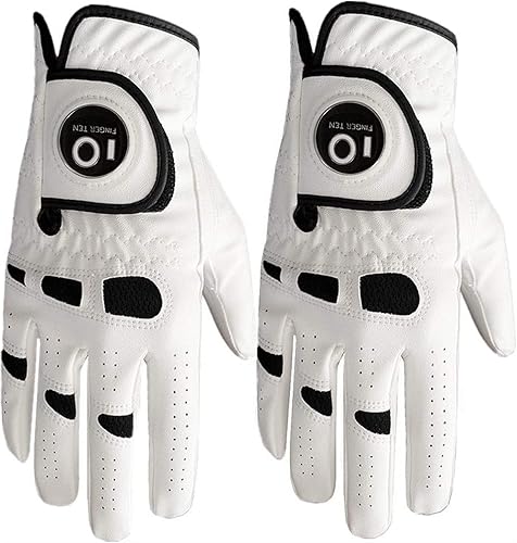 FINGER TEN Guantes de golf para hombre, para mano izquierda y derecha con marcador de pelota, paquete de 2 unidades, agarre suave y cómodo, tamaño