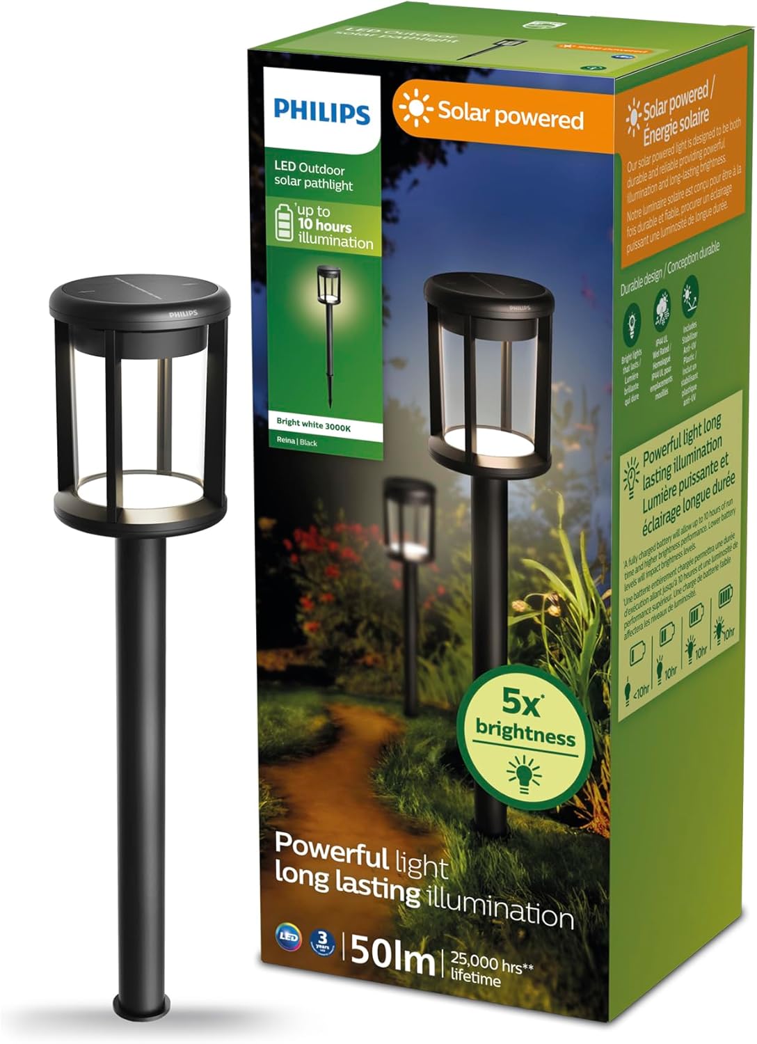 Philips LED Reina Outdoor Solar Pathlight - 50 Lumens 3000K Warm White, IP44 Waterproof, 10-Hour Runtime, Easy Wire-Free Install, Black