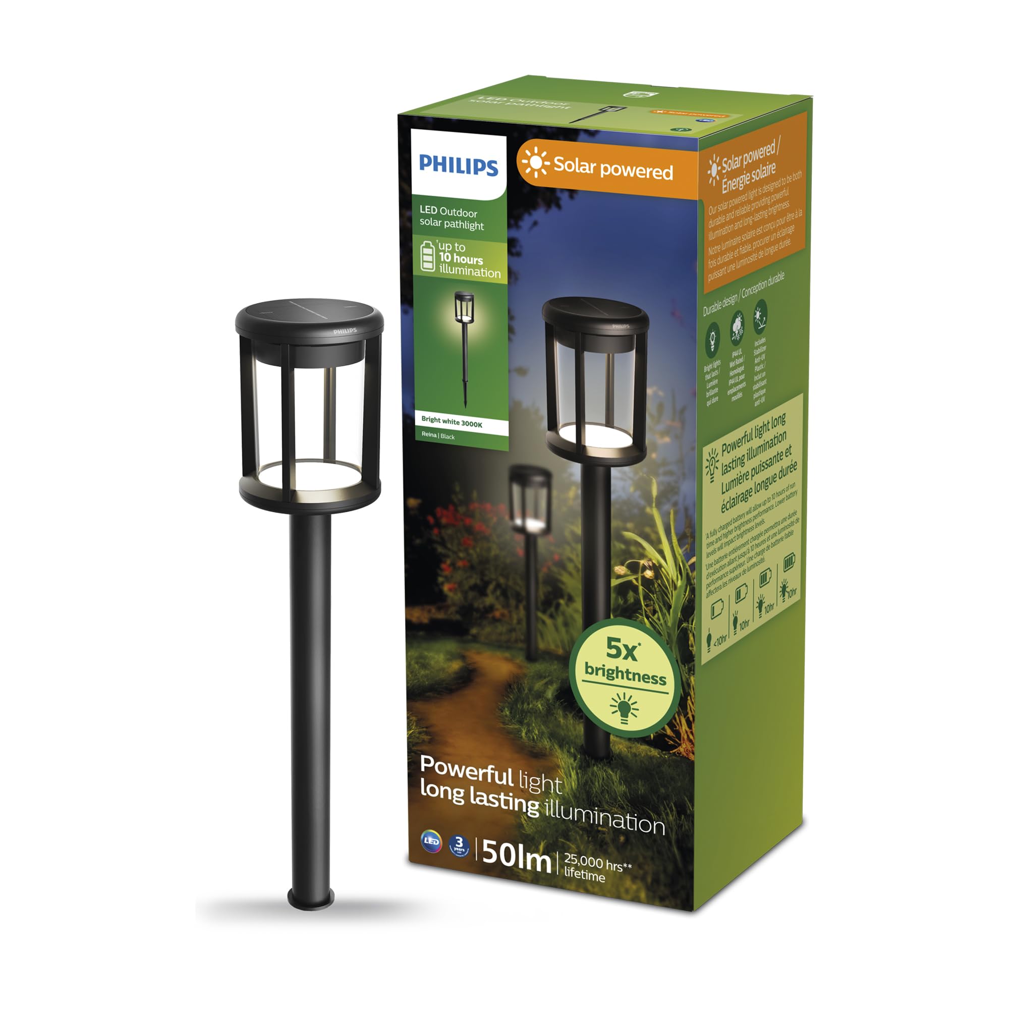 Philips LED Reina Outdoor Solar Pathlight, 1-Pack, Long-Lasting Solar Powered LED Light, Bright White Light, 3000K, 50 Lumens, Ground Spot, IP44, Black