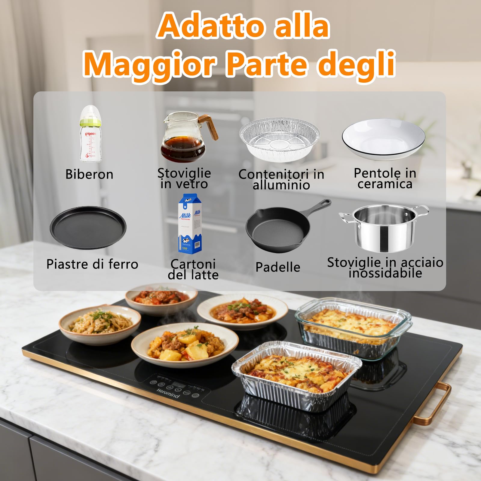 Piastra scaldavivande professionale 80 x 45 cm, 450 W, con bordo in acciaio inox, con manico, per ristorante e casa