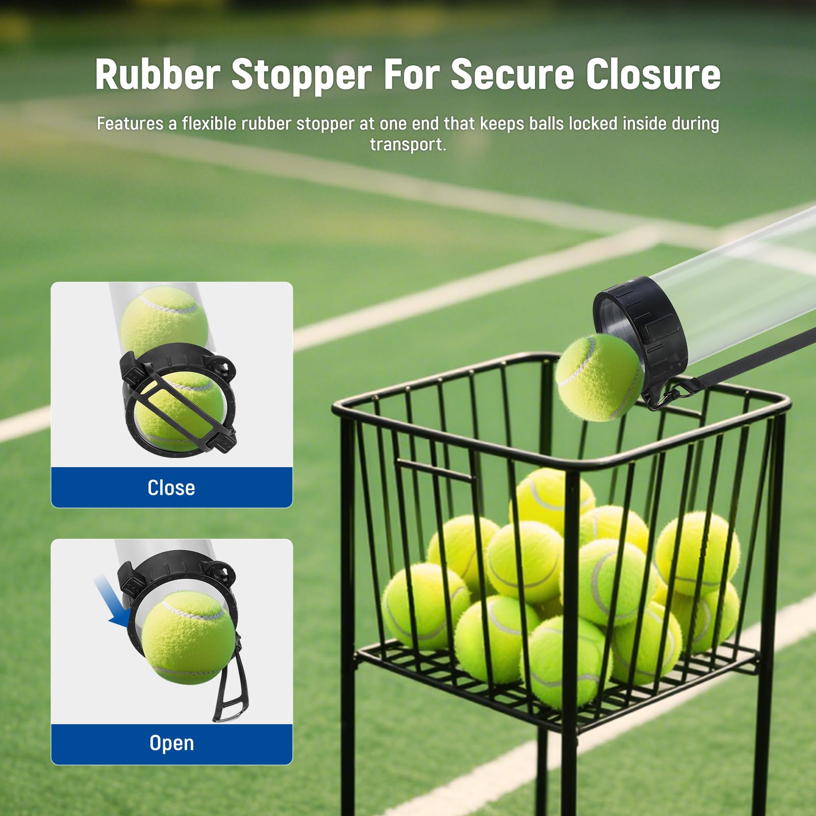 NEEWER Raccoglitore Palline Tramoggia a Tubo per 18 Pickleball e 21 Palline Tennis, Portapalle Superiore Staccabile per Ball a 3 Sezioni con Tappo, Tracolla per Raccolta Senza Chinarsi,PB01S
