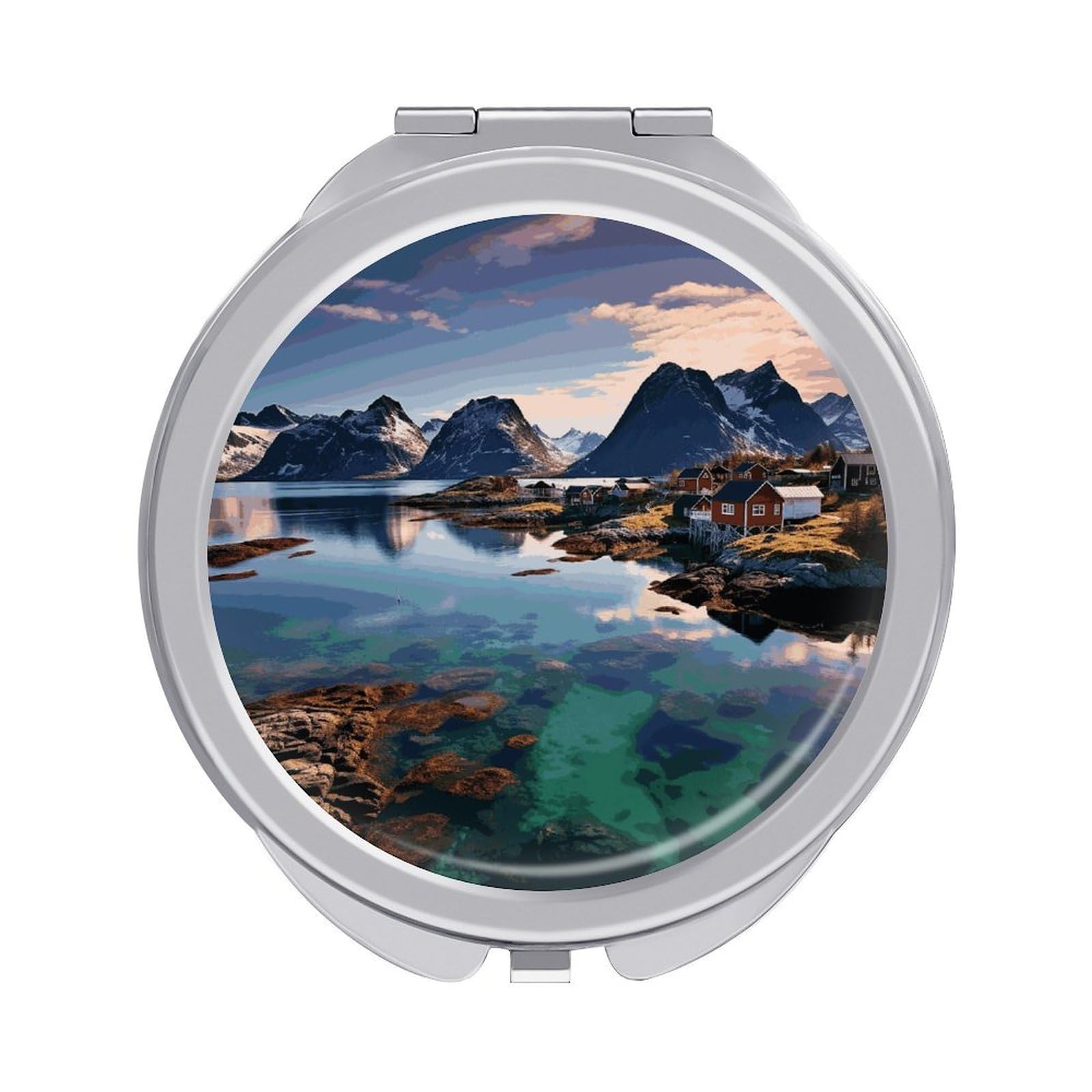 JTREHY Norway Islands Makeup Mirror Silver Mirror Surface Folding Makeups Mirrors Lightweight Durable Looking Glass for Suitable Traveling Handbag and Purses