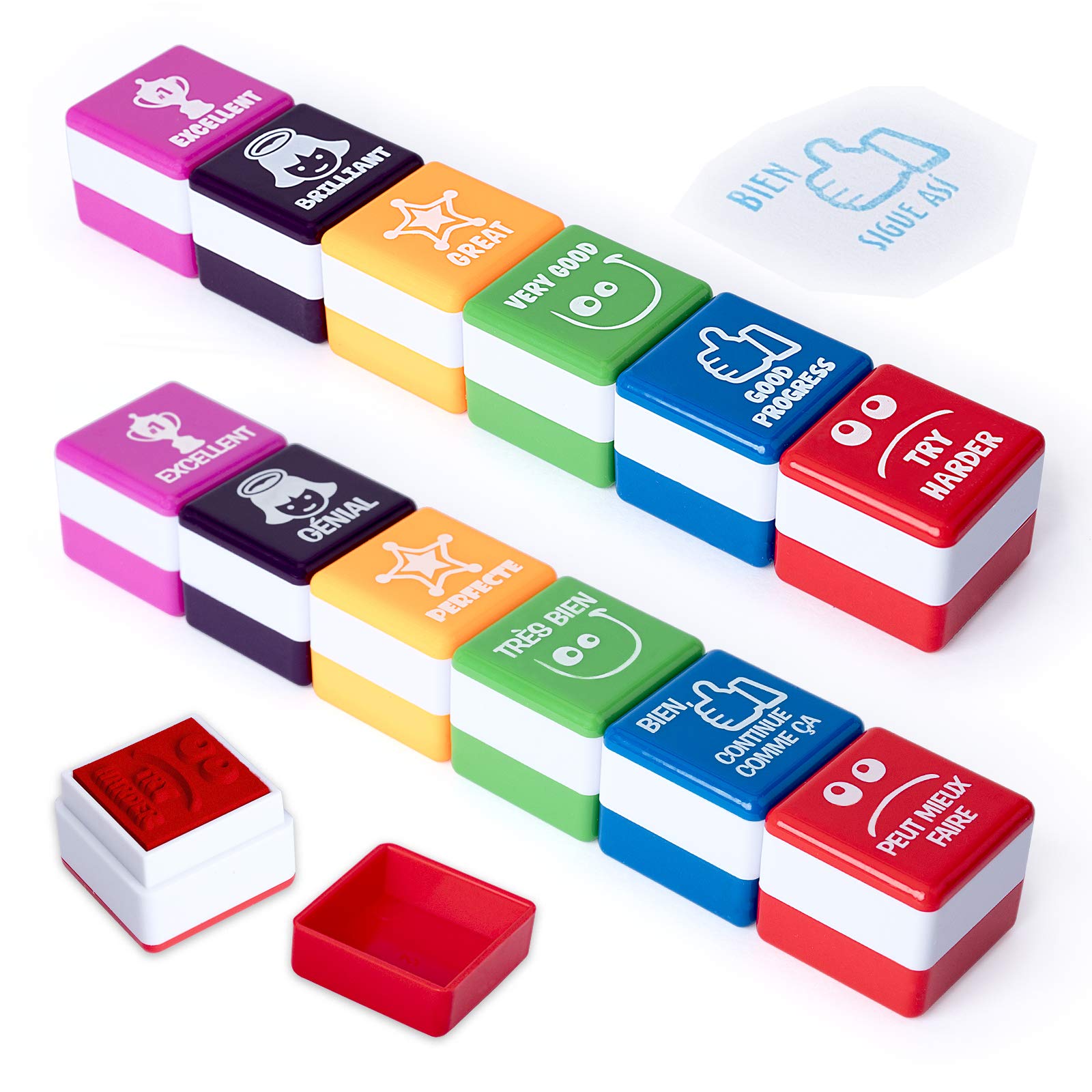Pack 6+6 sellos de motivación para niños y jóvenes, ideal para padres y maestros. (Francés+Inglés)