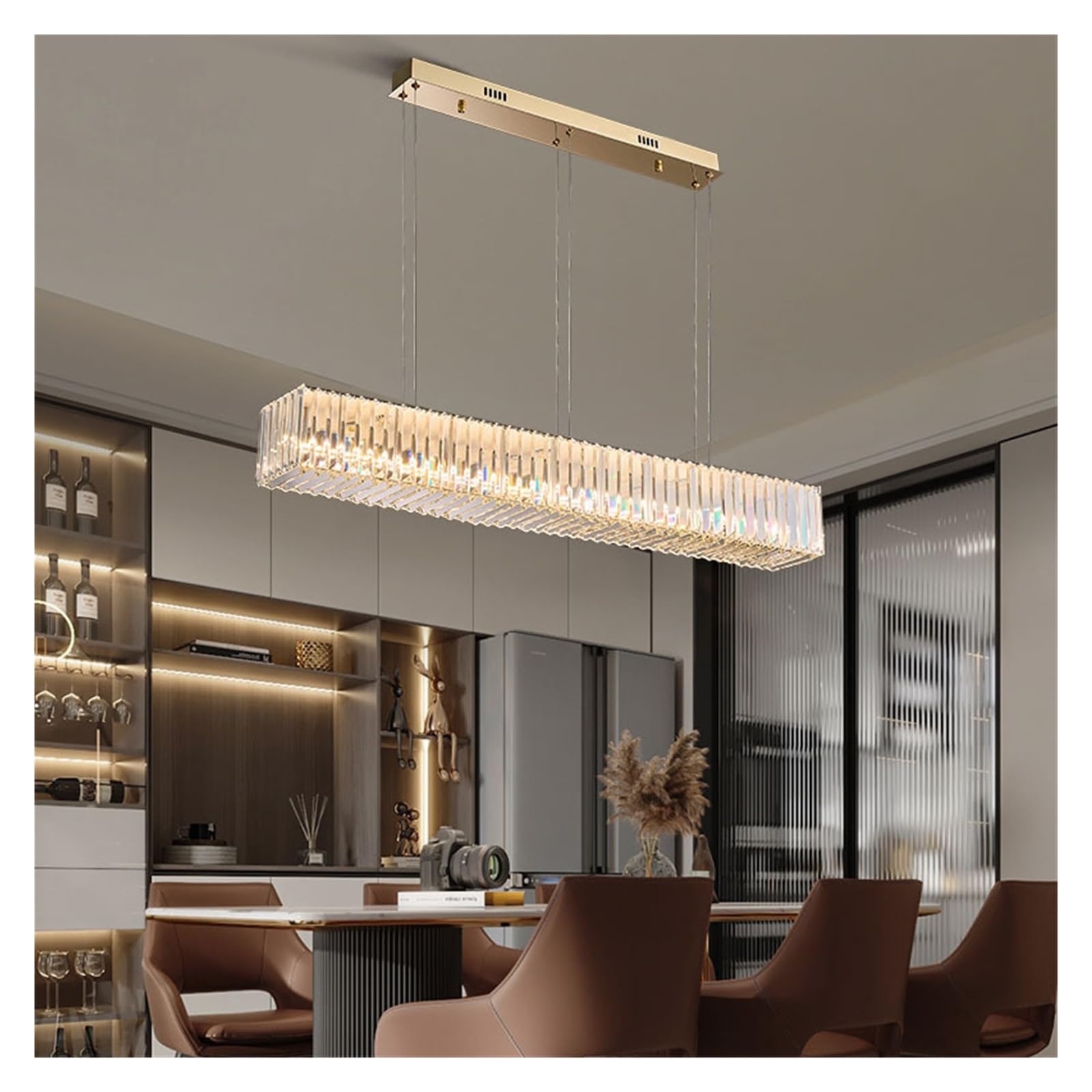 KLXSIVU Long Chandeliers for Dining Room Golden Luxury Crystal Modern Hanging Lamp Ceiling Home Decor Lighting Fixture LED Lustres