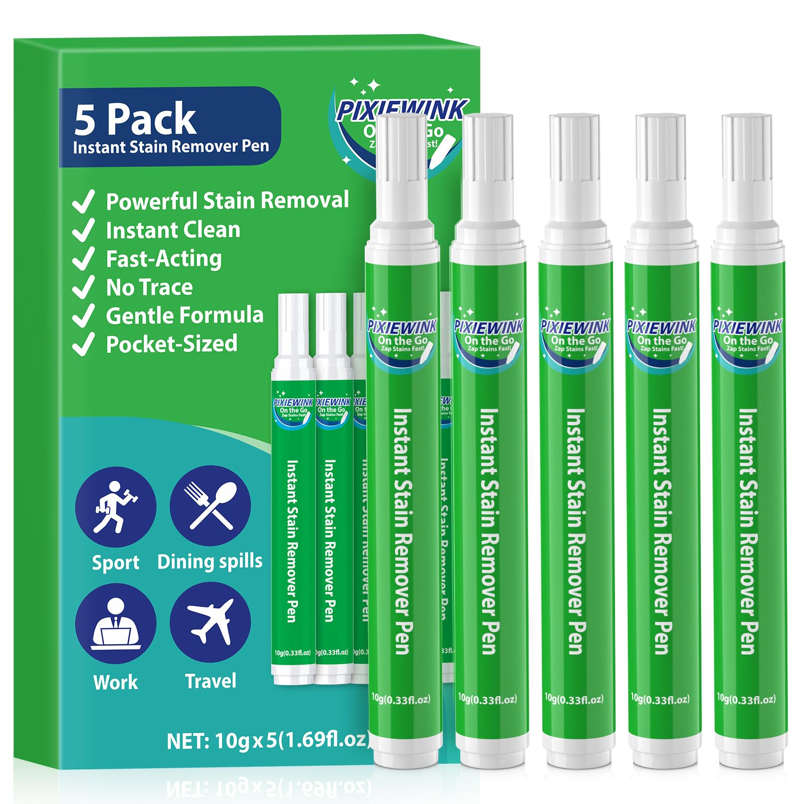 PIXIEWINK Stain Remover Pens for Clothing, 5 Pack – Instant Stain Removal Pen for Clothes, Travel-Friendly Laundry Stain Pen for Food, Coffee, Wine, Makeup, Grease & More