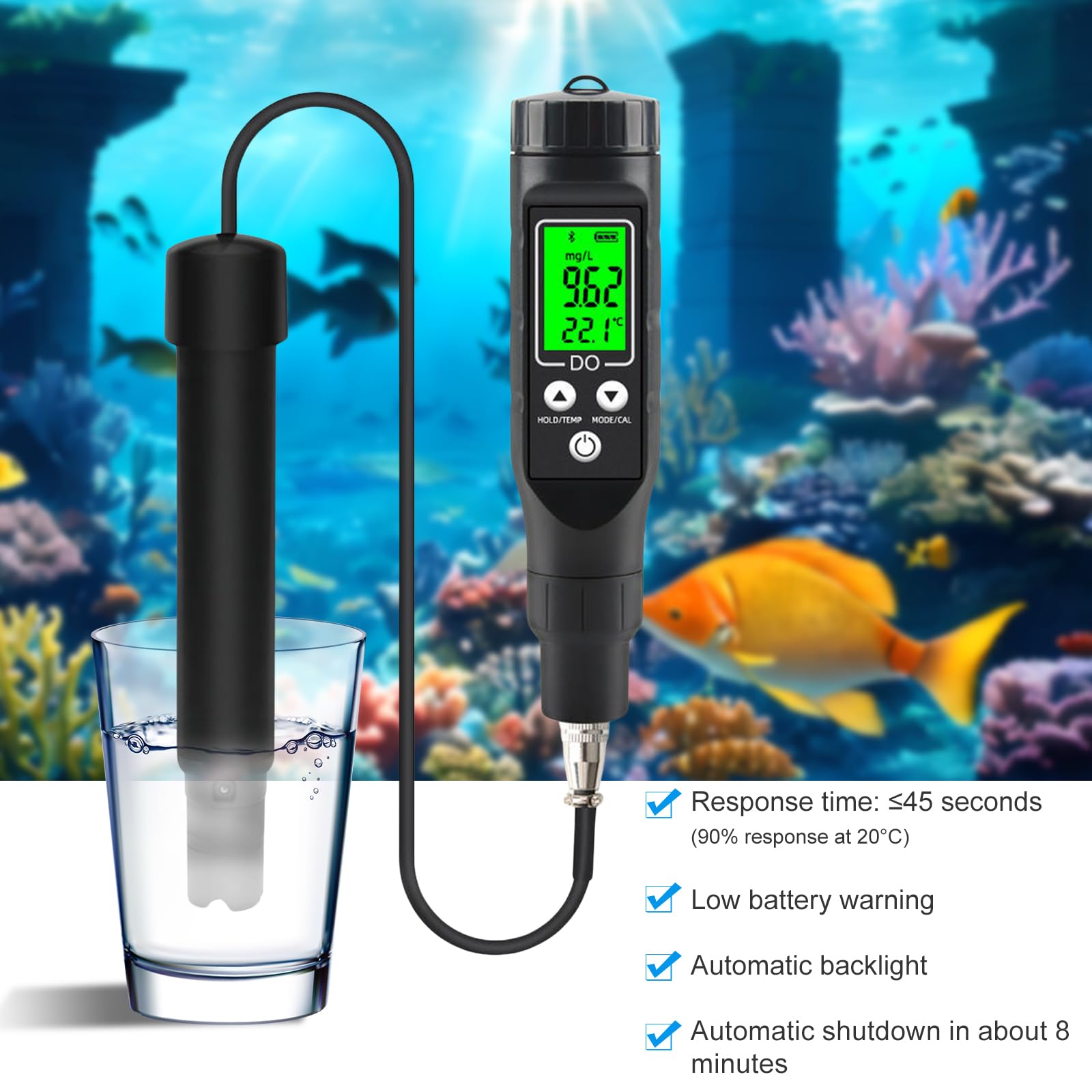 Détecteur d'oxygène Bluetooth pour l'eau Détecteur d'oxygène dissous pour l'eau Applicable aux bassins à poissons Aquarium Aquaculture BLE-9100 (comprend une poudre électrolytique)