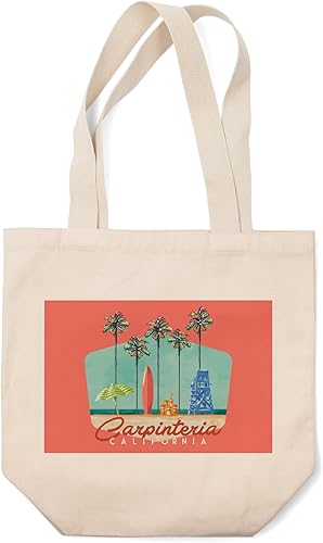 Lantern Press Carpinteria, California, Tall Palms Beach Scene, Blue Lifeguard Chair, Contour (100% Cotton Canvas Reusable Tote Bag)