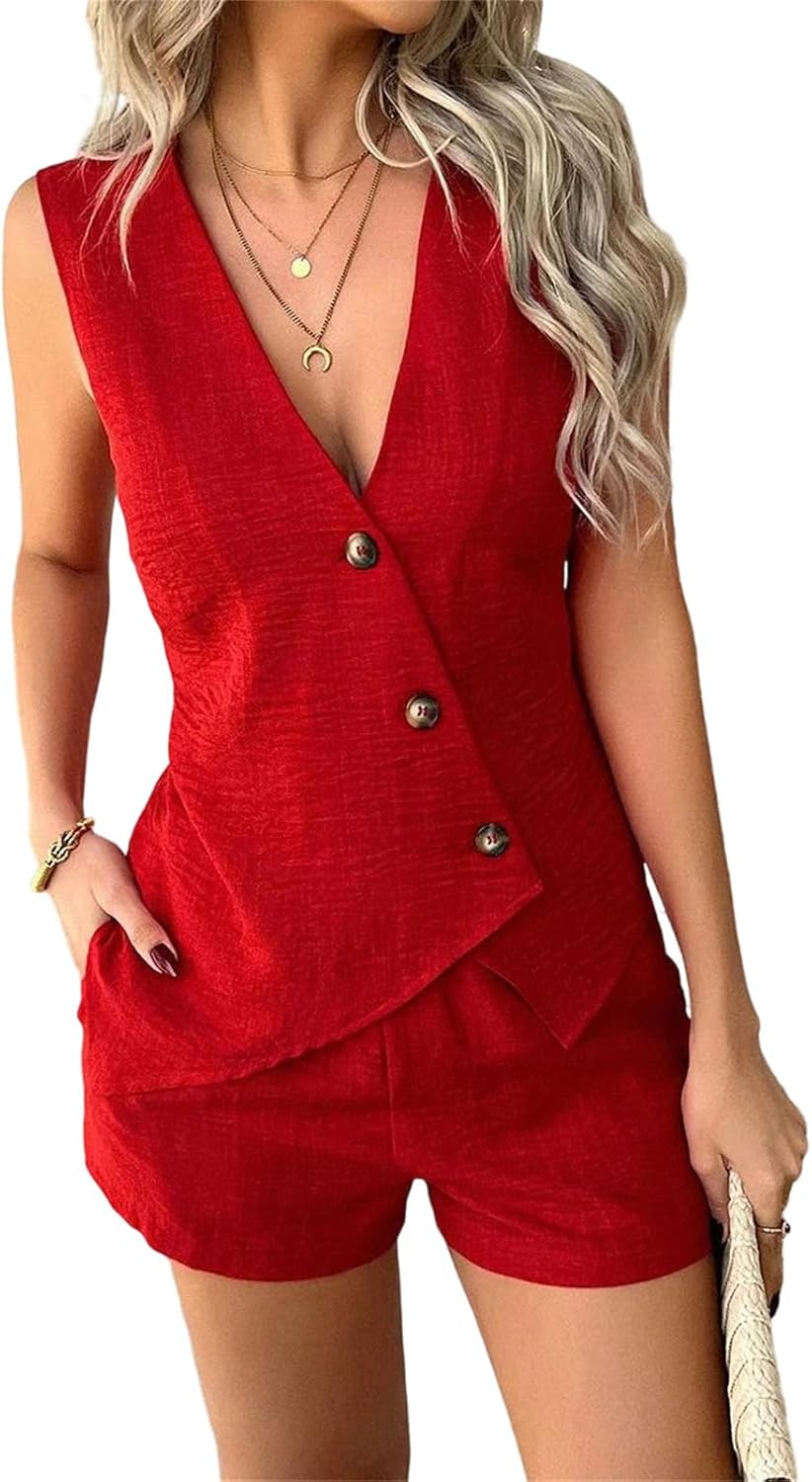 Hcclijo Sleeveless Waistcoat Shorts Matching Set, Elegant Two Piece Casual Outfit For Office Daily Wear