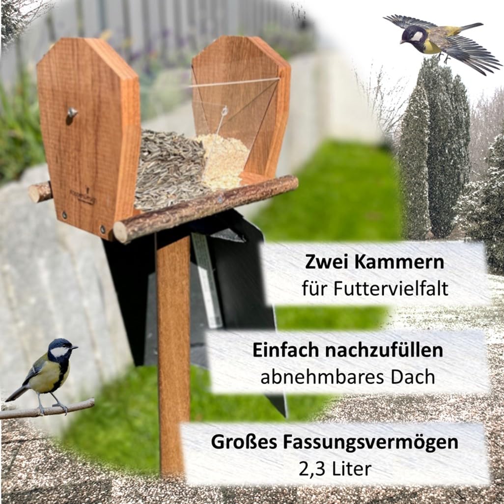 Bergisches Vogelhaus KoppersDesign, mit Ständer, Silo Vogelfutterhaus, wetterfest, FSC zertifiziertes Holz, Schieferdach, Vogelfutterstation, Terrasse oder Balkon, sehr standfest, Zwei Futterkammern
