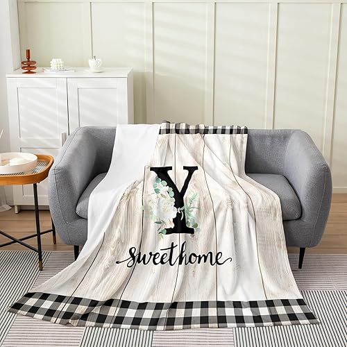 Miniatura 26 de Erosebridal Flower Initial S Flannel Blanket White Floral Flowers Fleece Blanket,40"X50",Personalized Letters Fuzzy Plush Throw for Sofa Beige Negro