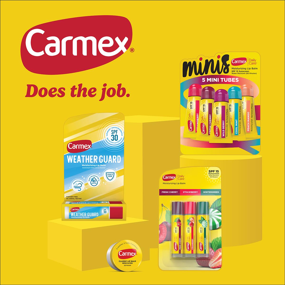 Carmex Daily Care Feuchtigkeitsspendender Lippenbalsam, LSF 15, Erdbeer- und Cupcake-Teiggeschmack, verschiedene Packungen, 9 Stück (7 Sticks, 2 Tuben)
