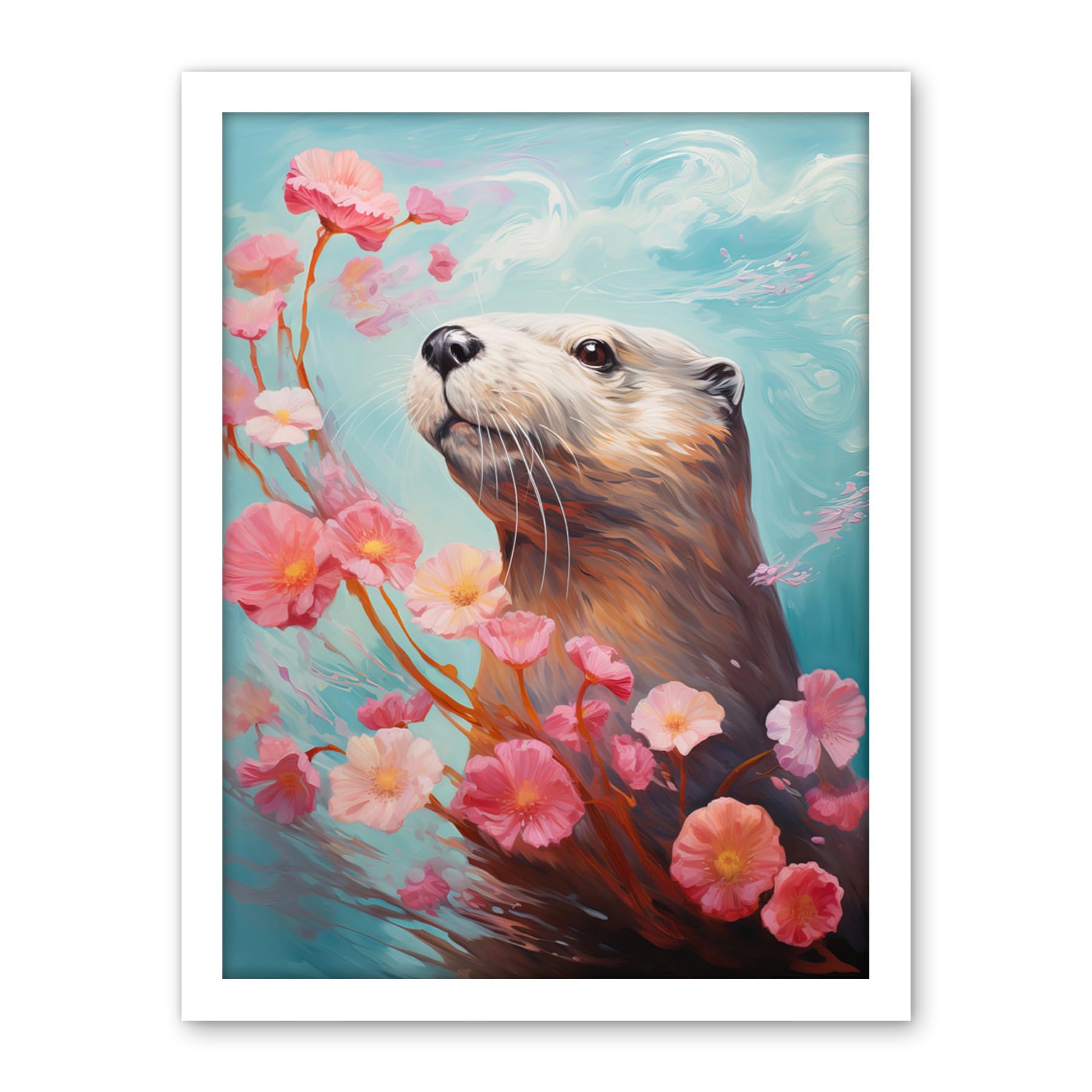 Artery8 Otter with a Pink Cherry Blossom Branch Elegant Oil Painting Floating on Lake Water with Flowers Artwork Framed Wall Art Print 18X24 Inch