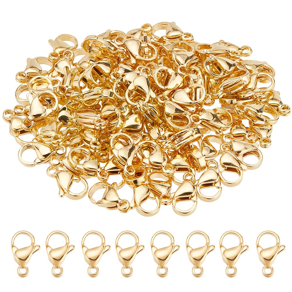 PH PandaHall 100 cierres de mosquetón de acero inoxidable 304, chapados en oro de 24 quilates, cierres de cierre de pulsera de 11 x 7 mm, conector de gancho de mosquetón para pendientes, pulseras