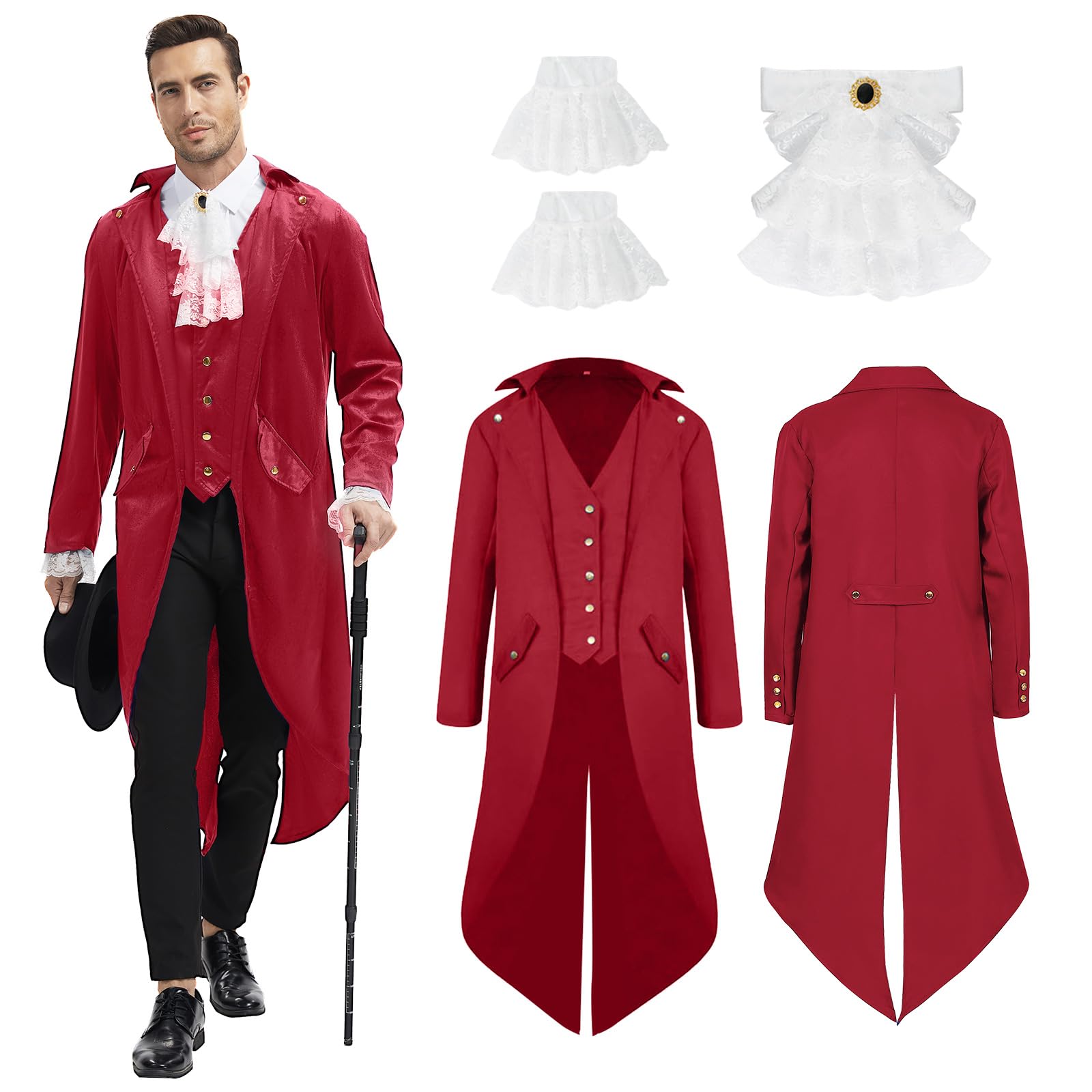 rumnigh Mens Steampunk Medieval Jacket, Medieval Victorian Vintage Jacket Uniform Long Tuxedo,Halloween Costume (Red, M)