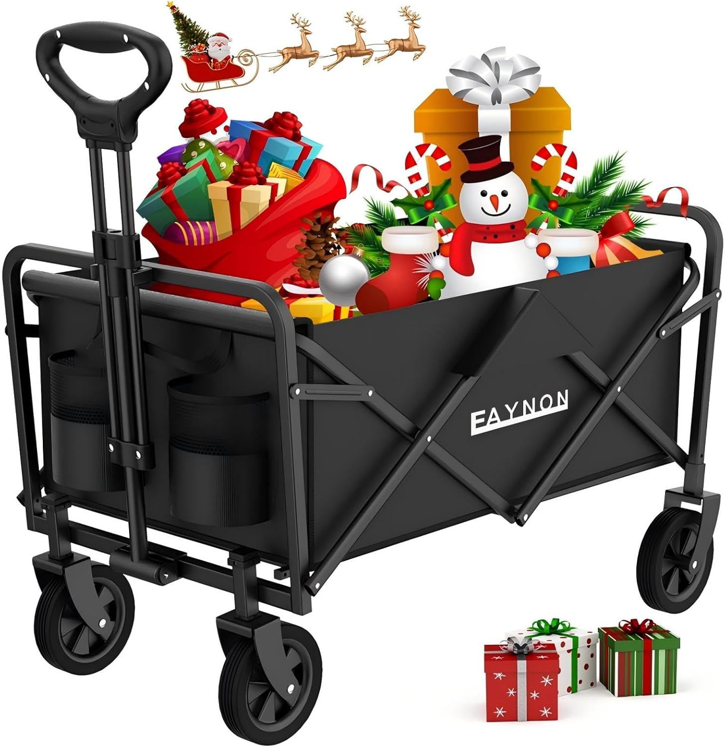 Collapsible Folding Wagon Cart, Beach Wagon Cart, Heavy Duty with Universal Wheels & Adjustable Handle, with 200lbs Weight,for Camping, Shopping, Sports, Garden and Beach,Black