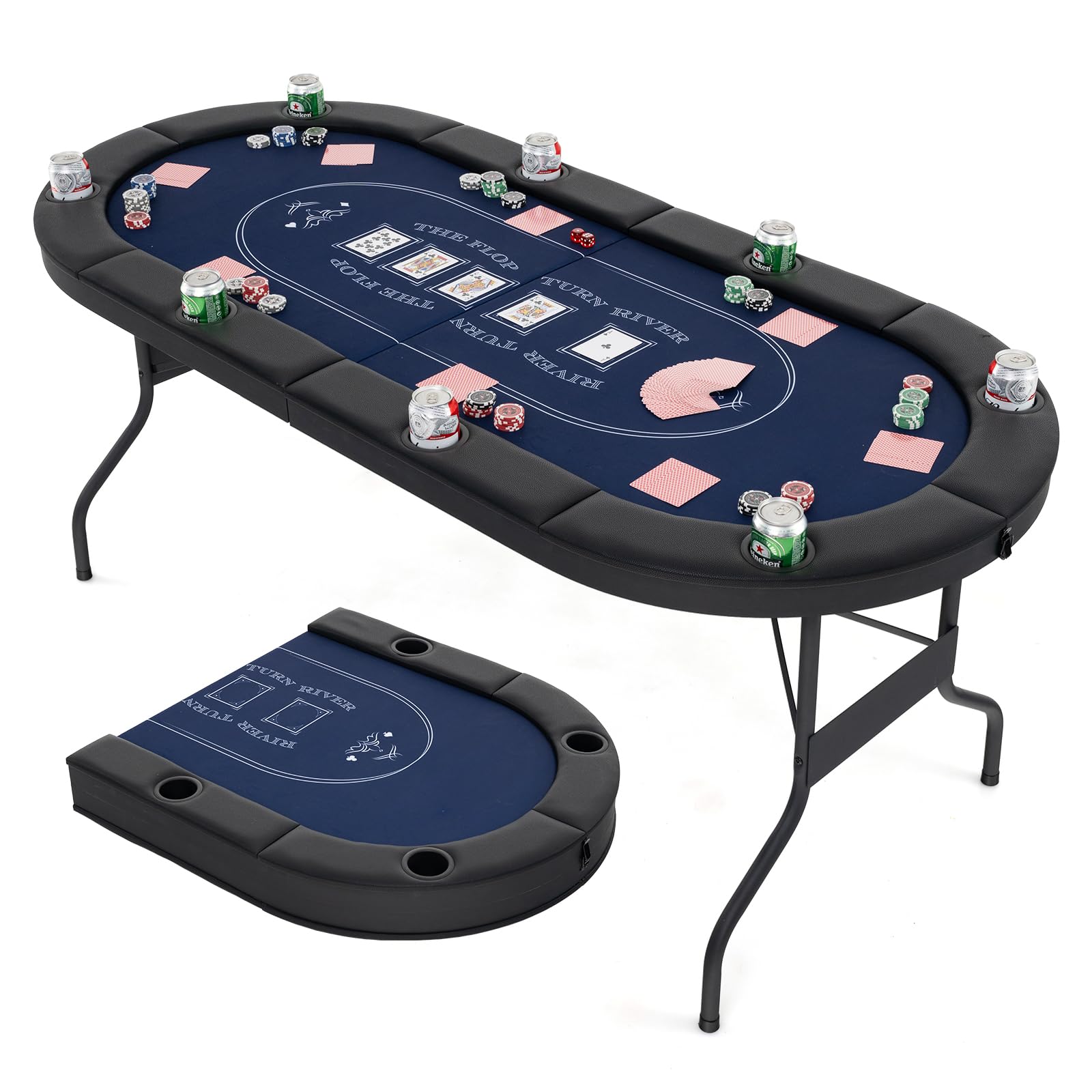 Goplus 72” Poker Table Foldable, 8 Players Card Board Game Table w/Deep Metal Cup Holders, Casino Grade Felt, Portable Folding Oval Blackjack Table for Texas Holdem, No Assembly Required (Blue)
