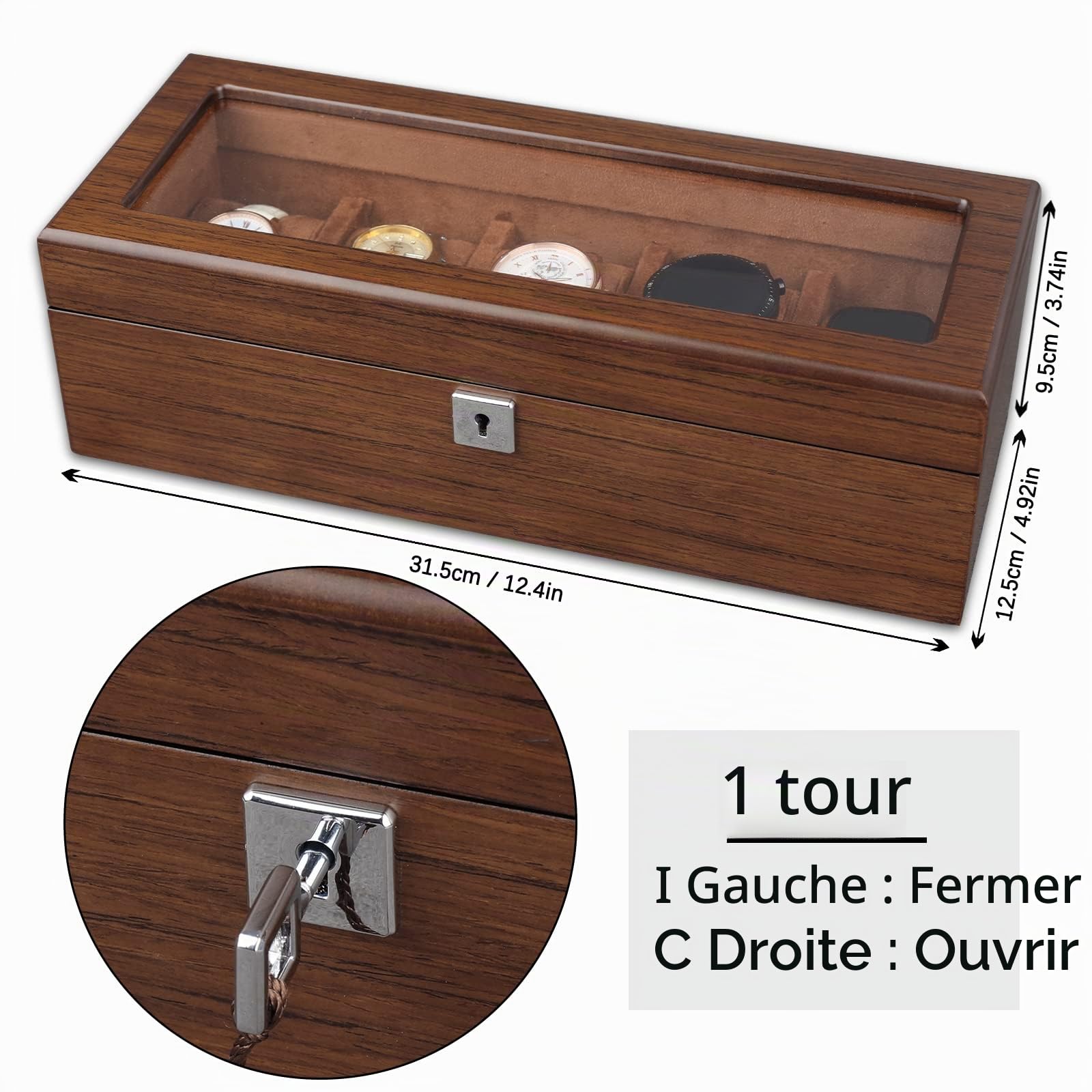 Boîte à Montres en Bois à 5 Grille avec Couvercle en Verre, Boîte à Montres avec 5 Supports de Montre Amovibles, Organisateur de Rangement pour Montre Cadeau pour Homme Fille