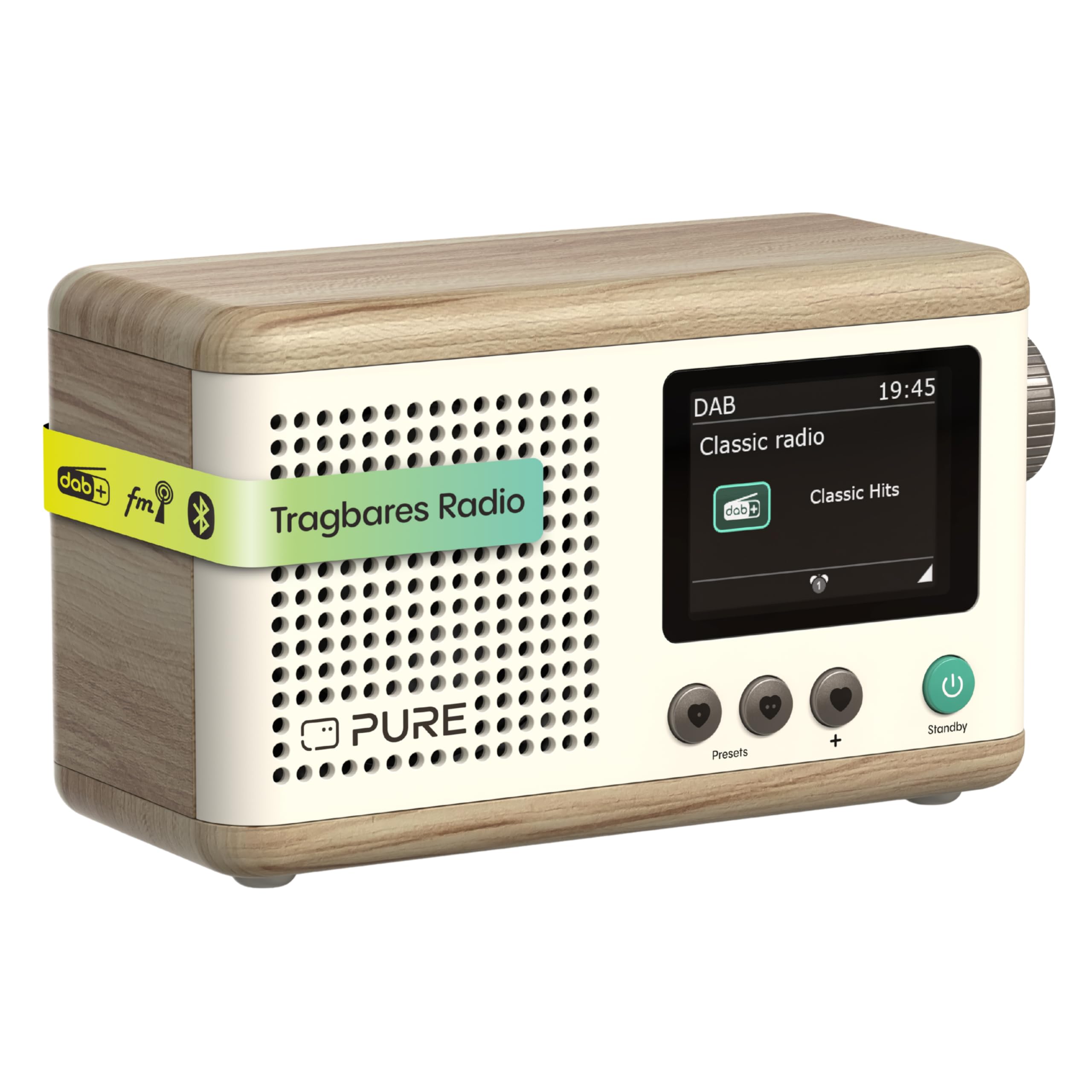 Pure Classic Mini Radio Digital Portátil Dab+ y FM con Bluetooth 5.3, Batería de 15 Horas, Pantalla a Color de 2,​4", Correa de Transporte, Blanco Algodón/​Roble