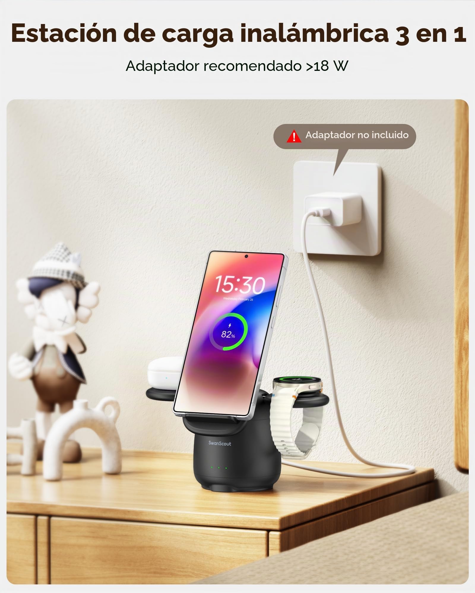 Cargador Inalámbrico para Samsung, Estación de Carga Inalámbrica 3 en 1 para Galaxy S25 Ultra/S24/S23/Z Flip 7/Z Fold 7, Base para Galaxy Watch 8/Ultra/7/6/5/Buds, SwanScout 707S (No Adapter)