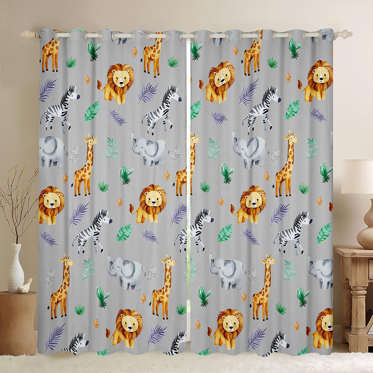 richhome Kids Zoo Animals Curtains for Bedroom Living Room Cute Giraffe Elephant Zebra Blackout Darkening Drapes Green Plants Window Treatments, 2 Panels W46*L72 Grey Room Decor