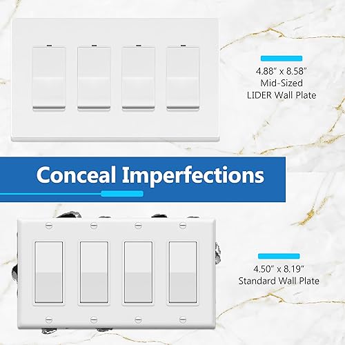 Miniatura 482 de LIDER - Cubierta decorativa de interruptor doble con acabado mate, placa de pared sin tornillos, tamaño mediano, 2 bandas, 4.88 x 4.92 pulgadas