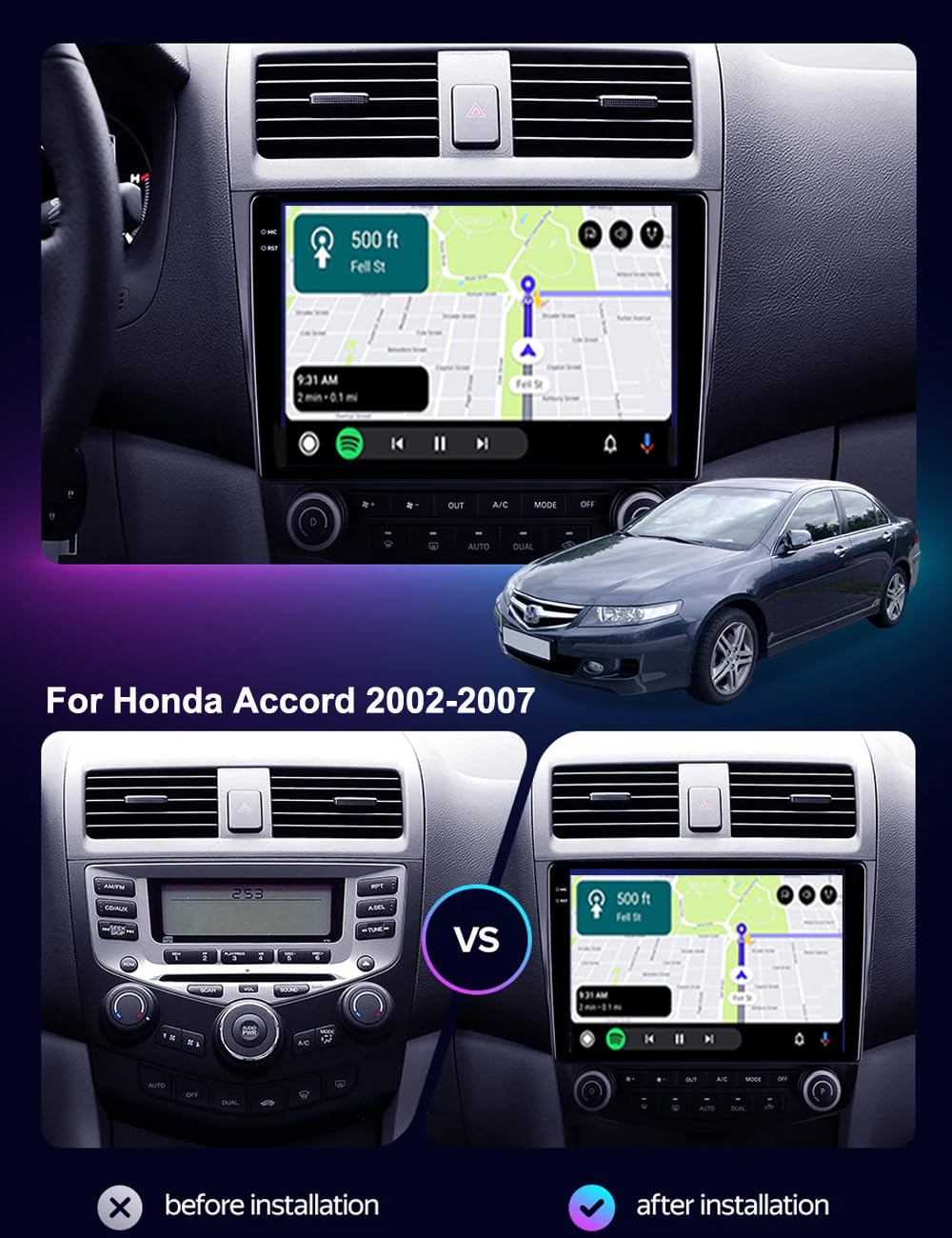 10,1" Android 15 radio samochodowe do Honda Accord 2002-2007-z bezprzewodowym Apple CarPlay|Android Auto|Mirror Link|nawigacja GPS | Bluetooth 5.0|WiFi |USB|Navi|FM+kamera cofania