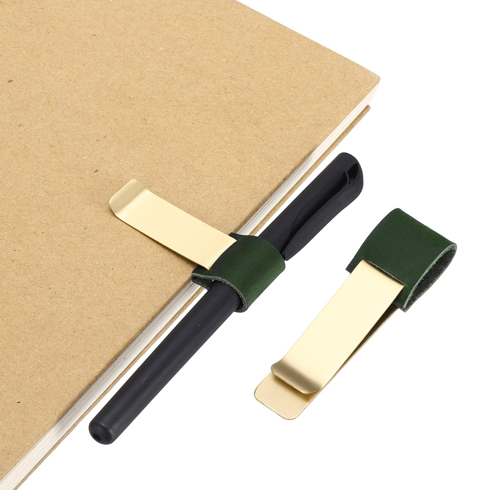 PATIKIL Pen Loop for Notebook, Brass Retro Leather Pencil Holder Pen Clip for Notebook Clipboards Pocket Office Traveler Journals Planner, Dark Green/Brass