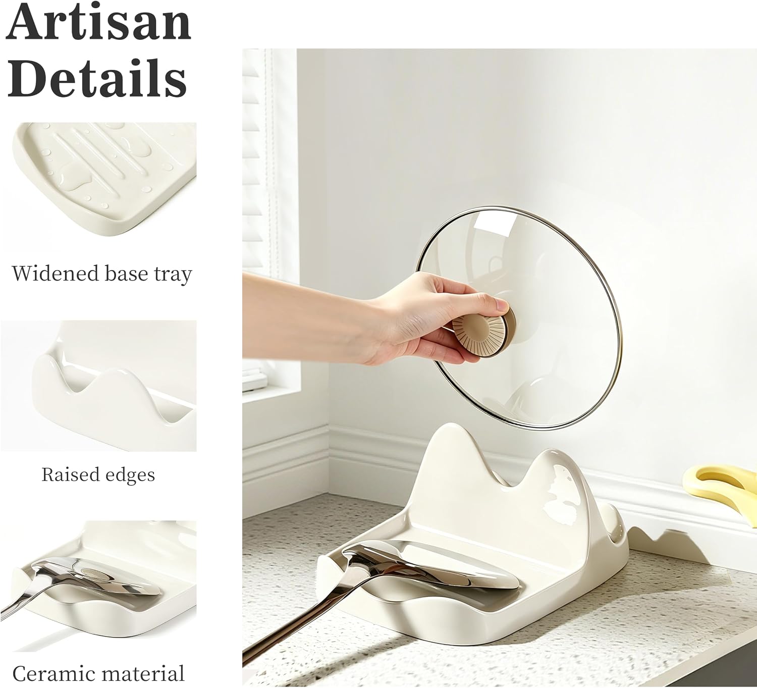 Ceramic Spoon Rest and Pot Lid Holder for Countertop, Heavy Duty Ceramic Spoon Holder for Stove Top, Multi-Purpose Ladle Spatula Holder & Cutting Board Stand, Space-Saving Kitchen Organizer Tray