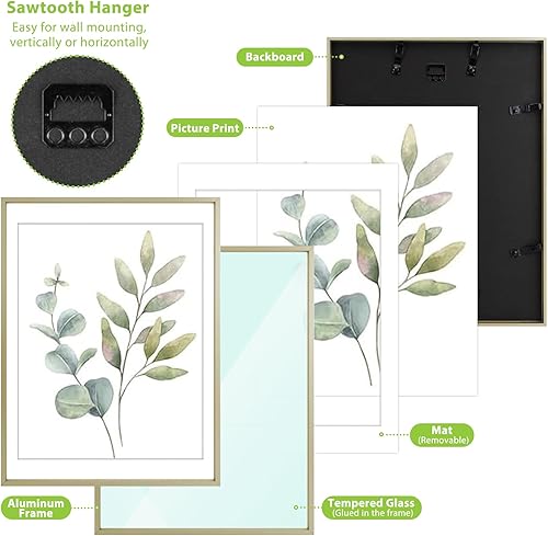 Vista 28 de Golden State Art - Marco de fotos de aluminio satinado clásico de 8 x 10 con alfombrilla de color marfil para fotos de 5 x 7 y cristal real, Dorado