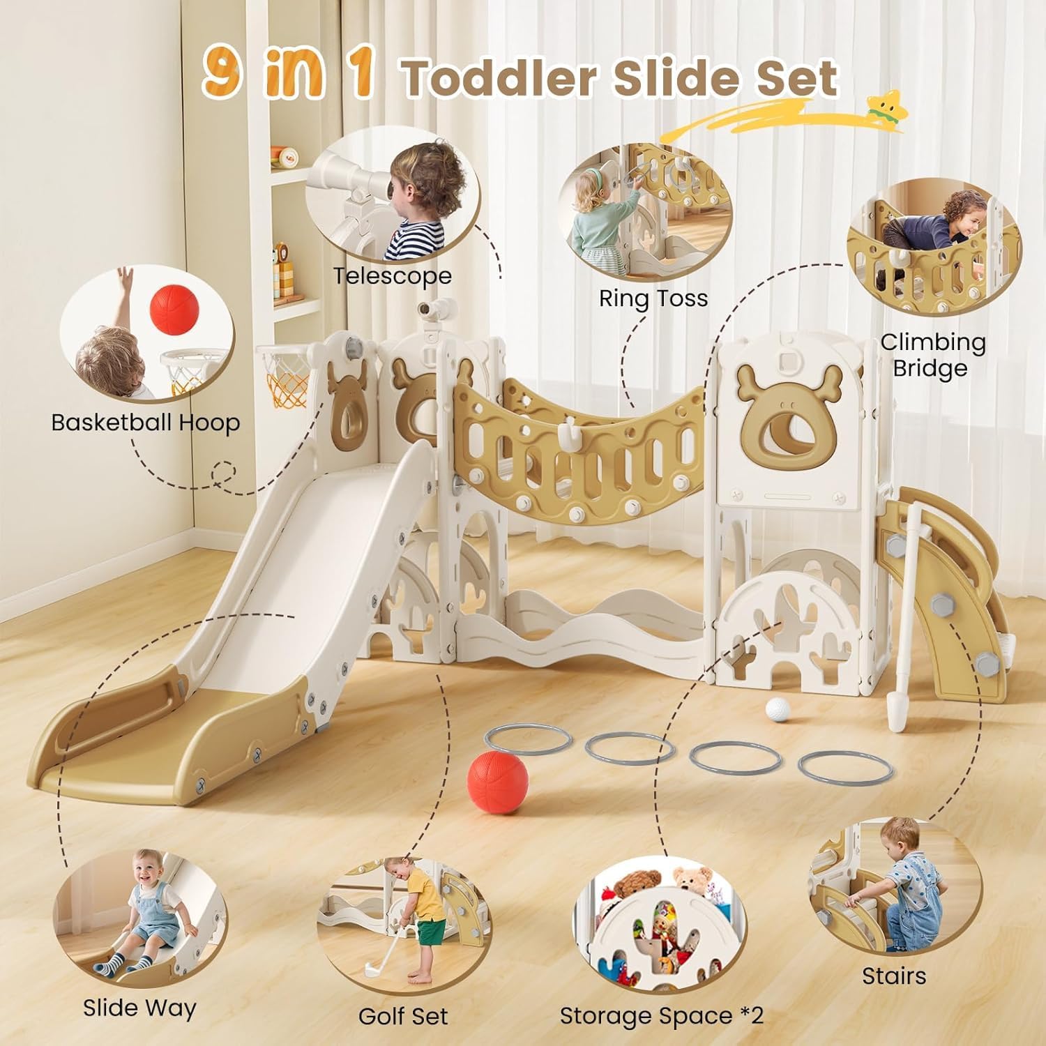 Tobogán para niños, gran tobogán con canasta de baloncesto, estructura de escalada para el jardín, telescópico, espacio de almacenamiento, para niños de 1 a 3 años, extra largo 1700 mm (modelo Elk