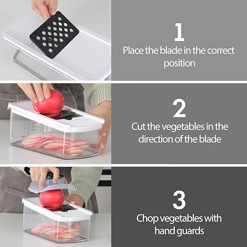 Vista 9 de Cambom Picador de verduras con contenedor, cortador multifuncional de alimentos para cebollas y verduras con 8 cuchillas, rebanador de zanahoria