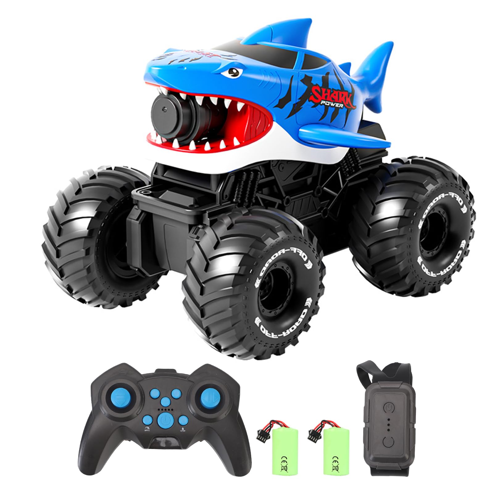 Hylukon RC Car, Remote Control Shark Toy with Water Spray, Gesture Sensing Off Road RC Truck, Water and Land Remote Control Vehicle for Teens Teens (Blue 2 Batteries)