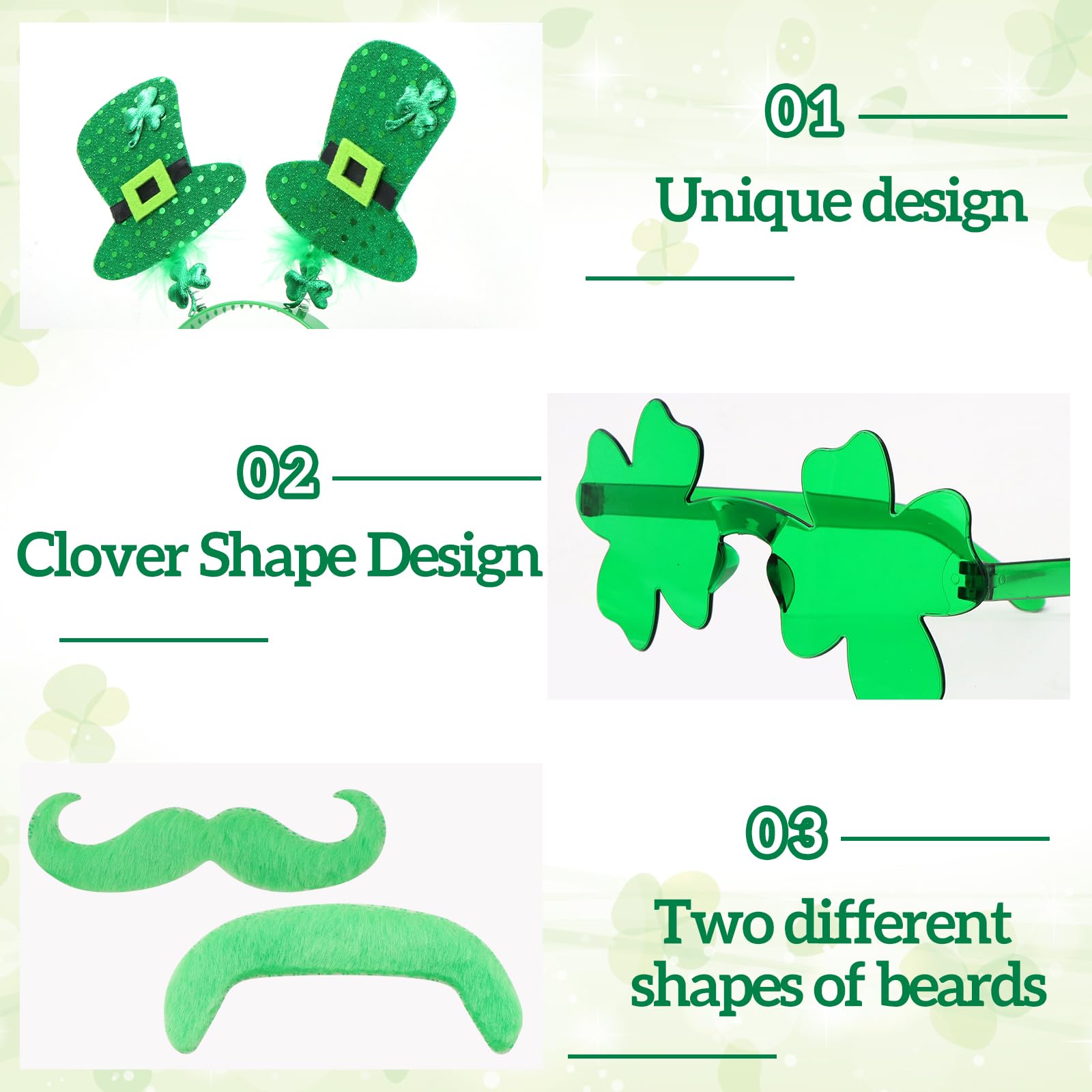 ZOCONE 6Pcs St Paddy's Day Accessories Includes 2 St Patrick Headband, 2 works of Shamrock Glasses - Image 3