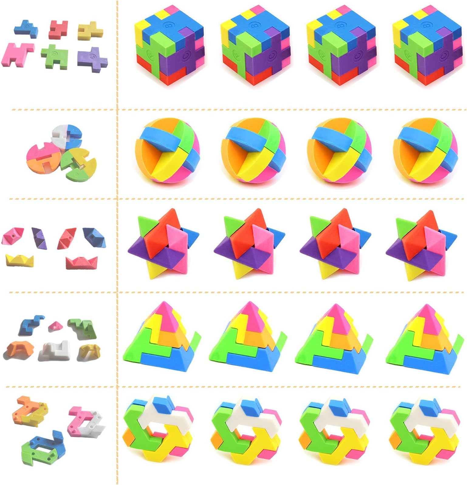 Erasers for Kids, 20 PCS Cube Puzzle Rubber, Perfect as Erasers for School, Party Bag Fillers for Kids, Gaming Party Bag Fillers and Kids' Party Favours (Contains 5 Shapes)
