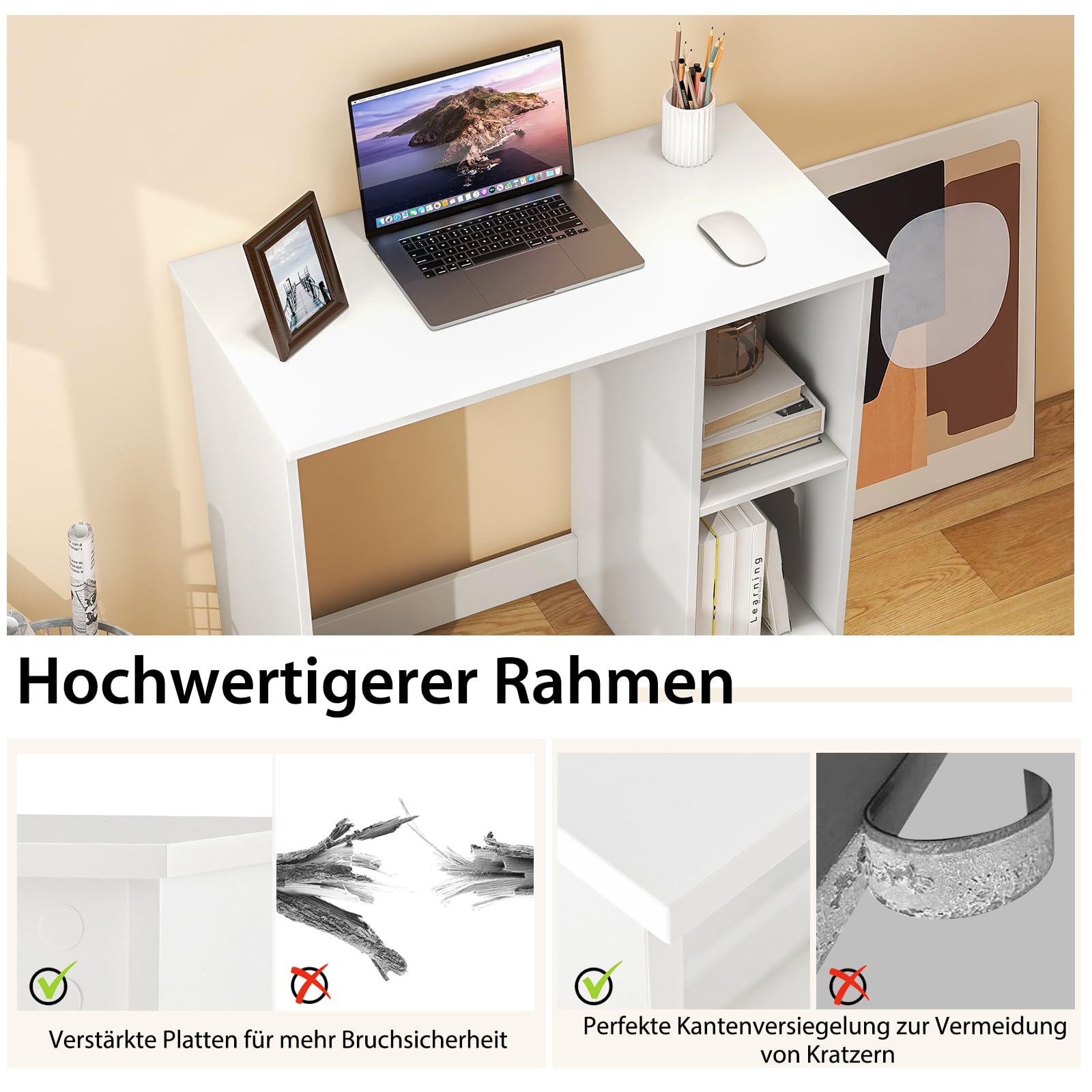 COSTWAY Kleiner Schreibtisch, Computertisch mit 2 Fächern, PC-Tisch, Bürotisch für kleine Räume, weiß, 80 x 40 x 74 cm