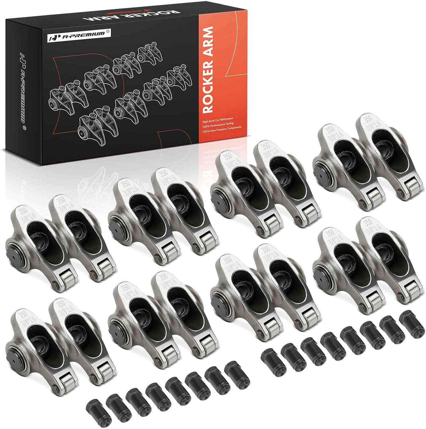 A-Premium 16Pcs Stainless Steel Engine Roller Rocker Arms Kit (1.6 Ratio, 3/8" Studs) Compatible with Chevy SBC Small Block Chevy 350, with Needle Bearings