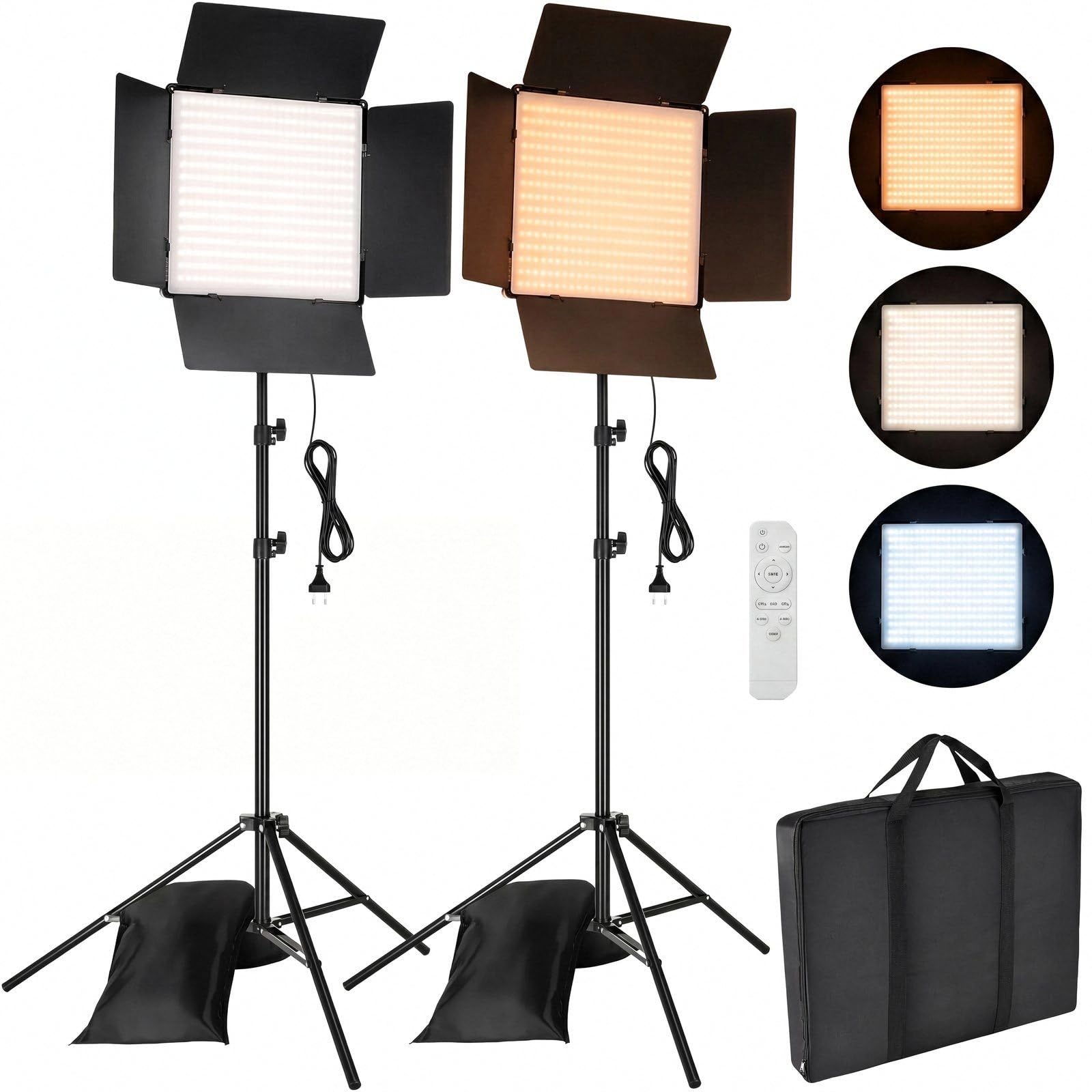 Juego de 2 lámparas LED de vídeo (33 x 33 cm), 110 W, 720 ledes, lámpara de superficie con trípode de 195 cm y mando a distancia, luz fotográfica bicolor (3000 – 6300 K, regulable) para streaming