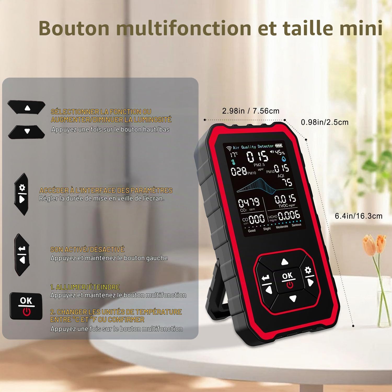 Détecteur de Qualité d'air Intérieur 10 en 1, Moniteur de CO2, AQI, PM1.0, PM2.5, PM10, TVOC, HCHO, Particules, Température et Humidité pour Maison, Bureau et École