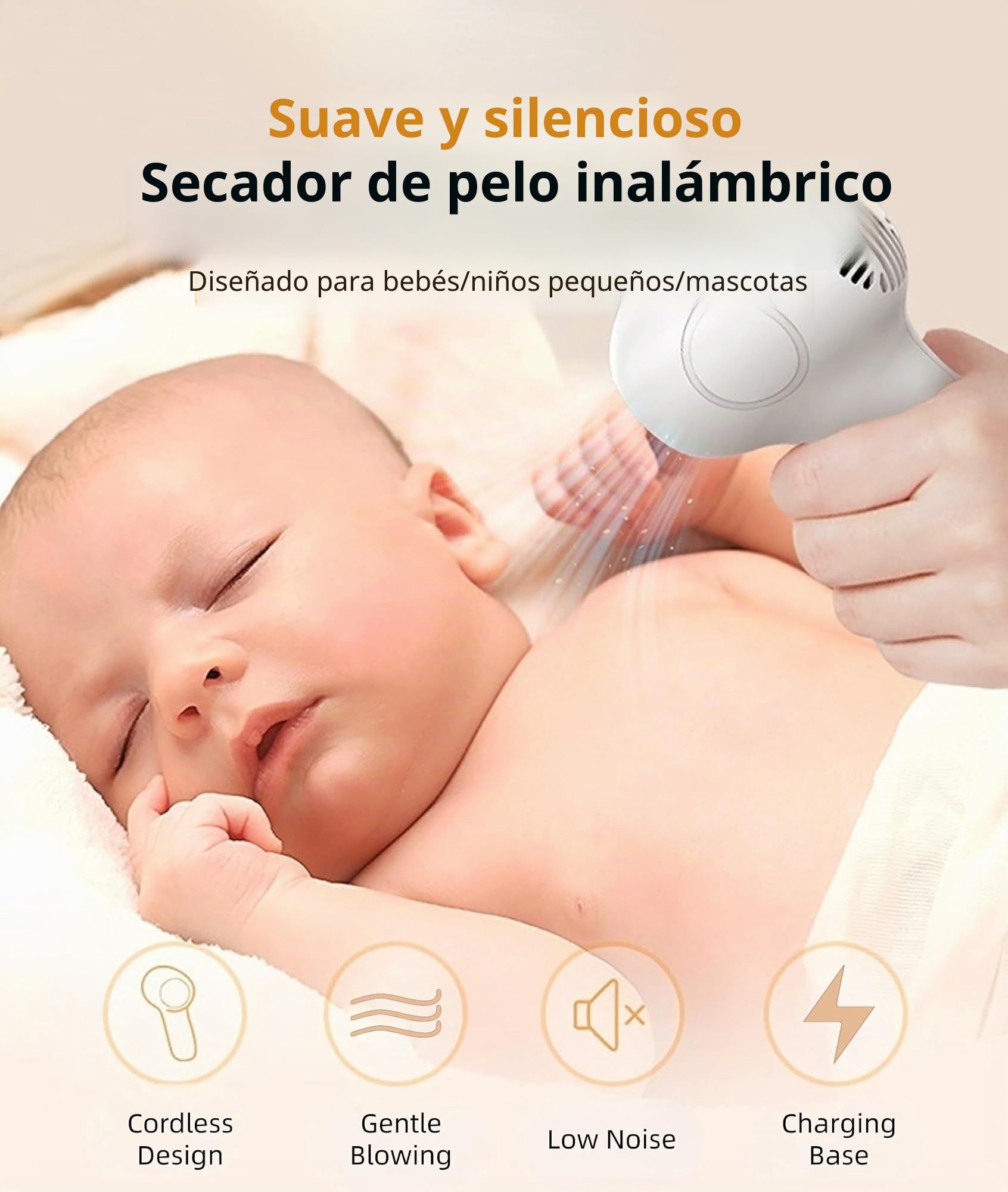 Secador de Pelo para bebé, bajo Nivel de Ruido, Calor Suave para Bebés Pequeños, Secador de Pelo Inalámbrico Recargable de Temperatura Constante de 2 Velocidades, Secador de