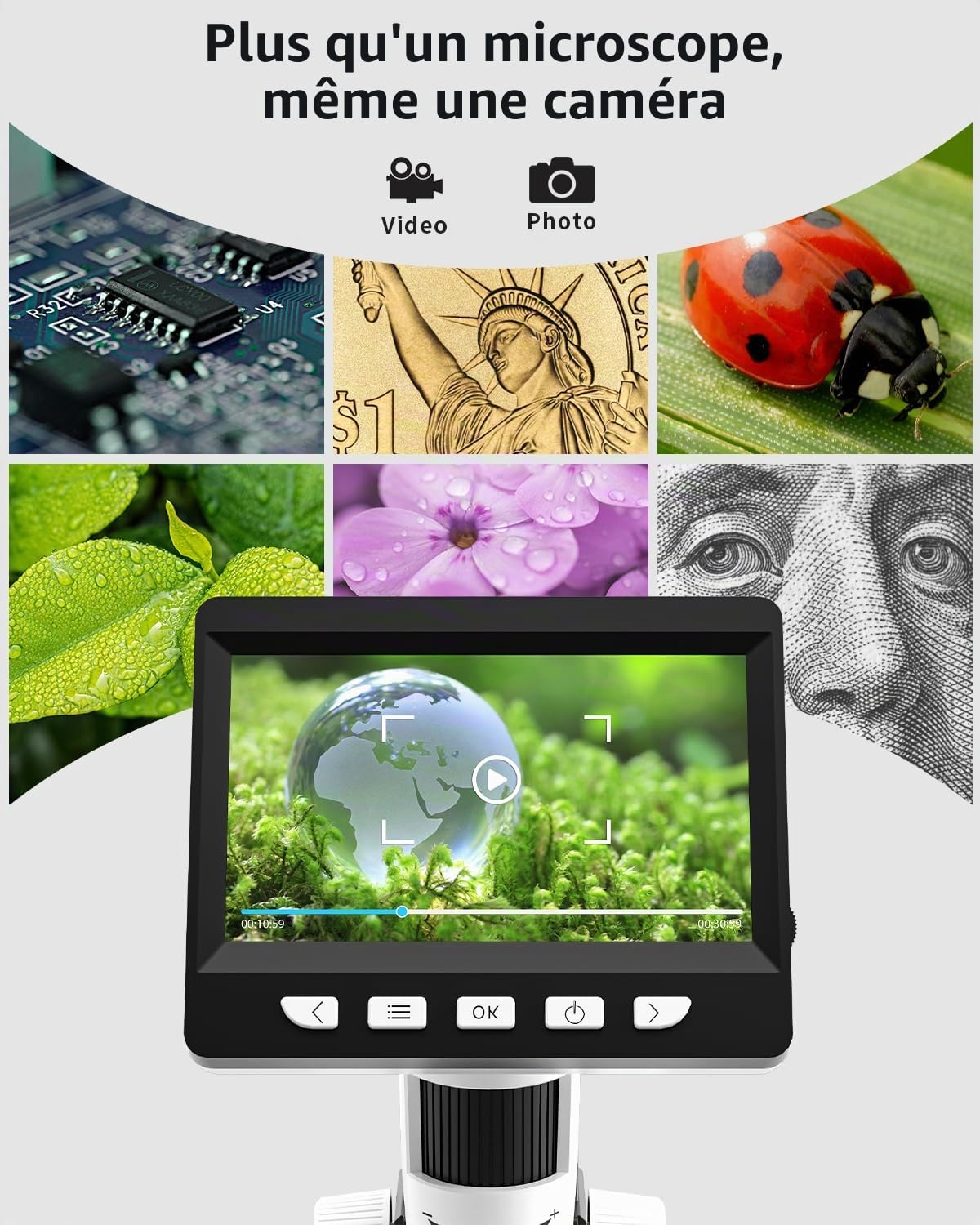 Microscope Numérique Enfant/Adulte, Loupe avec Un Écran de 4,3 Pouces et 8 LED, Grossissement 50x-1000x, Compatible avec Windows/Mac (306-B)